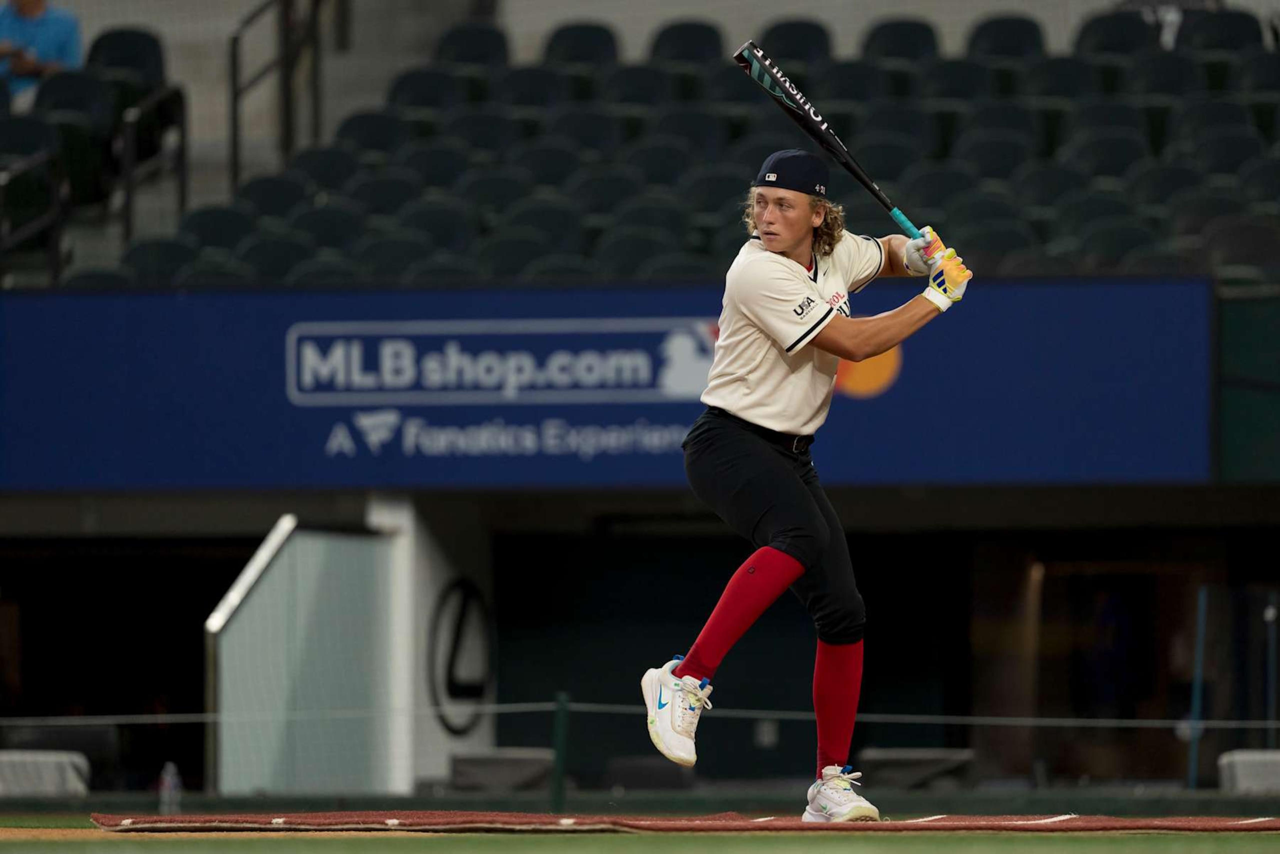 ARLINGTON, TX - JULY 13: Ethan Holliday participates in the High School Home Run Derby during the 2024 All-Star Futures Day at Globe Life Field on Saturday, July 13, 2024 in Arlington, Texas. (Photo by Matt Dirksen/Chicago Cubs/Getty Images)