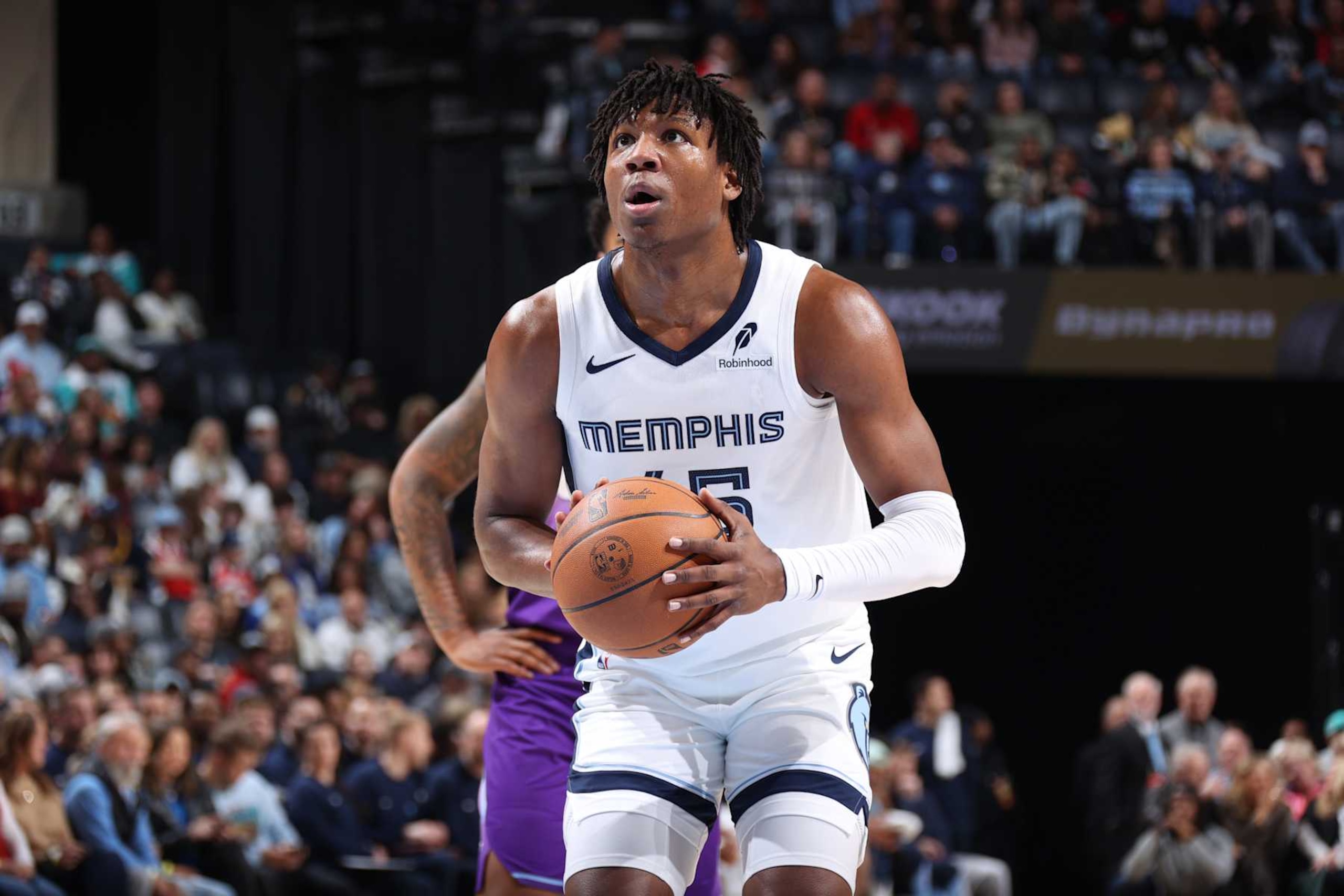 MEMPHIS, TN - JANUARY 25:  GG Jackson II #45 of the Memphis Grizzlies shoots a free throw during the game against the Utah Jazz  on January  25, 2025 at FedExForum in Memphis, Tennessee. NOTE TO USER: User expressly acknowledges and agrees that, by downloading and or using this photograph, User is consenting to the terms and conditions of the Getty Images License Agreement. Mandatory Copyright Notice: Copyright 2025 NBAE (Photo by Stephen Gosling/NBAE via Getty Images)