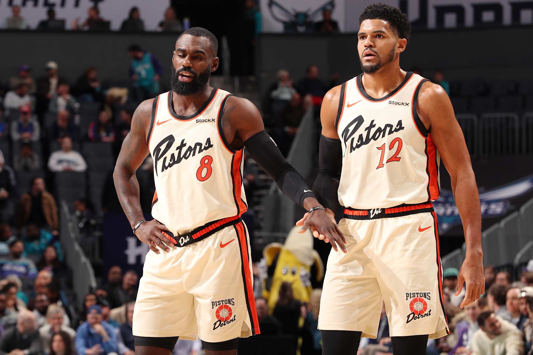 CHARLOTTE, NC - NOVEMBER 21: Tobias Harris #12 and Tim Hardaway Jr. #8 of the Detroit Pistons Houston Rockets high five during the game against the Charlotte Hornets on November 21, 2024 at Spectrum Center in Charlotte, North Carolina. NOTE TO USER: User expressly acknowledges and agrees that, by downloading and or using this photograph, User is consenting to the terms and conditions of the Getty Images License Agreement. Mandatory Copyright Notice: Copyright 2024 NBAE (Photo by Kent Smith/NBAE via Getty Images)