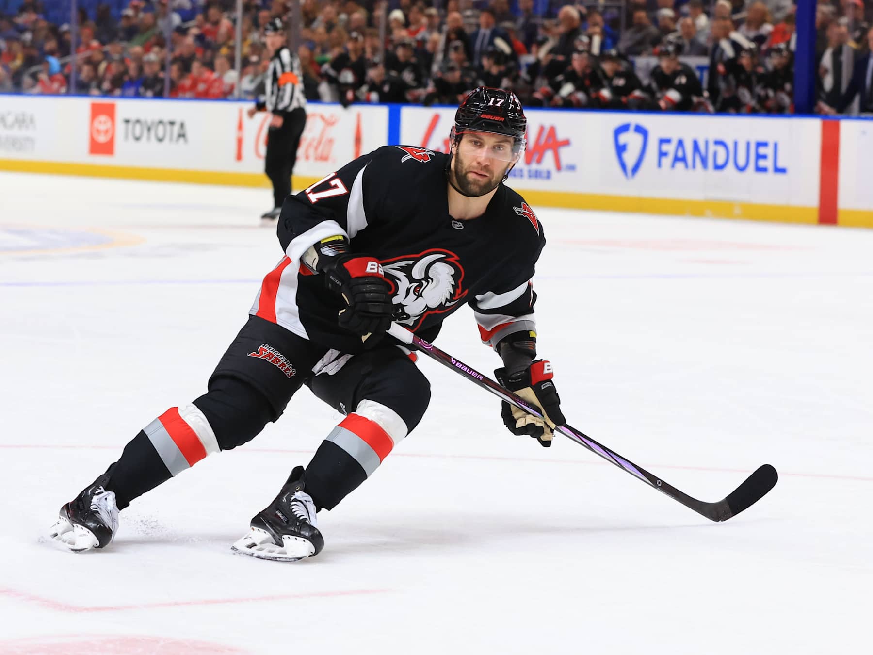 BUFFALO, NEW YORK - JANUARY 6: Jason Zucker #17 of the Buffalo Sabres skates against the Washington Capitals during an NHL game on January 6, 2025 at KeyBank Center in Buffalo, New York. (Photo by Bill Wippert/NHLI via Getty Images)