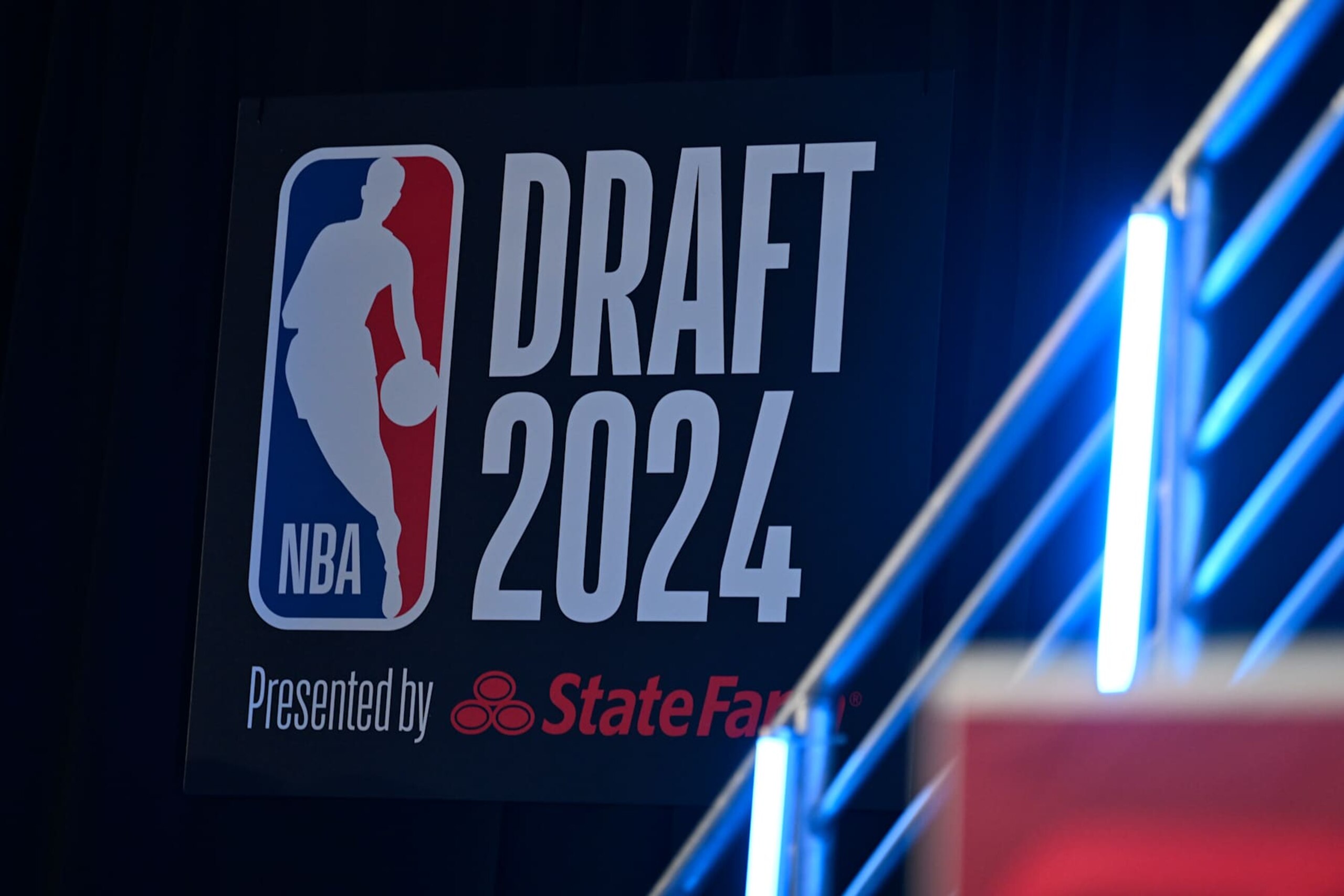BROOKLYN, NY - JUNE 26: The 2024 NBA Draft logo during the 2024 NBA Draft - Round One on June 26, 2024 at Barclays Center in Brooklyn, New York. NOTE TO USER: User expressly acknowledges and agrees that, by downloading and or using this photograph, User is consenting to the terms and conditions of the Getty Images License Agreement. Mandatory Copyright Notice: Copyright 2024 NBAE (Photo by Kostas Lymperopoulos/NBAE via Getty Images) BROOKLYN, NY - JUNE 26: The 2024 NBA Draft logo during the 2024 NBA Draft - Round One on June 26, 2024 at Barclays Center in Brooklyn, New York. NOTE TO USER: User expressly acknowledges and agrees that, by downloading and or using this photograph, User is consenting to the terms and conditions of the Getty Images License Agreement. Mandatory Copyright Notice: Copyright 2024 NBAE (Photo by Kostas Lymperopoulos/NBAE via Getty Images)