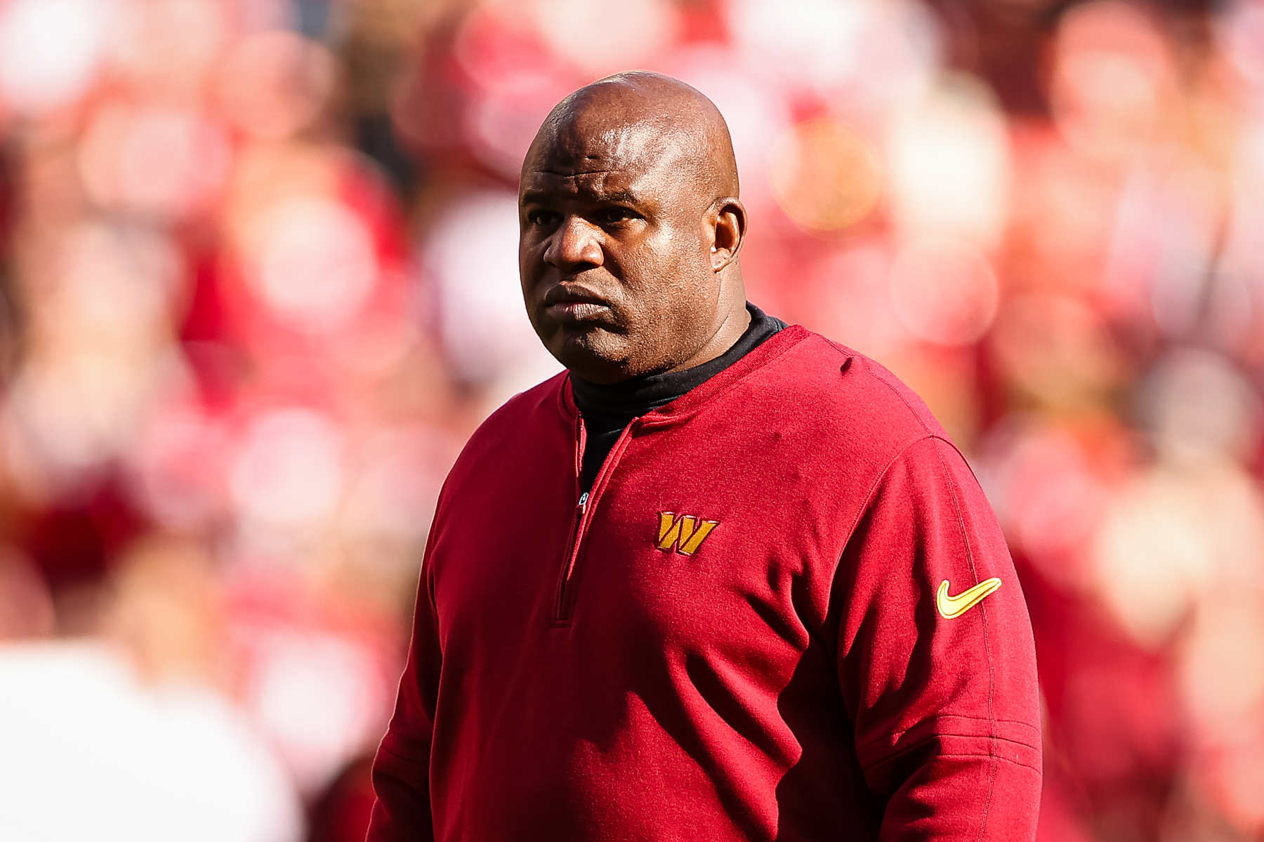 LANDOVER, MD - DECEMBER 31: Offensive coordinator Eric Bieniemy of the Washington Commanders looks on before the game against the San Francisco 49ers at FedExField on December 31, 2023 in Landover, Maryland. (Photo by Scott Taetsch/Getty Images)