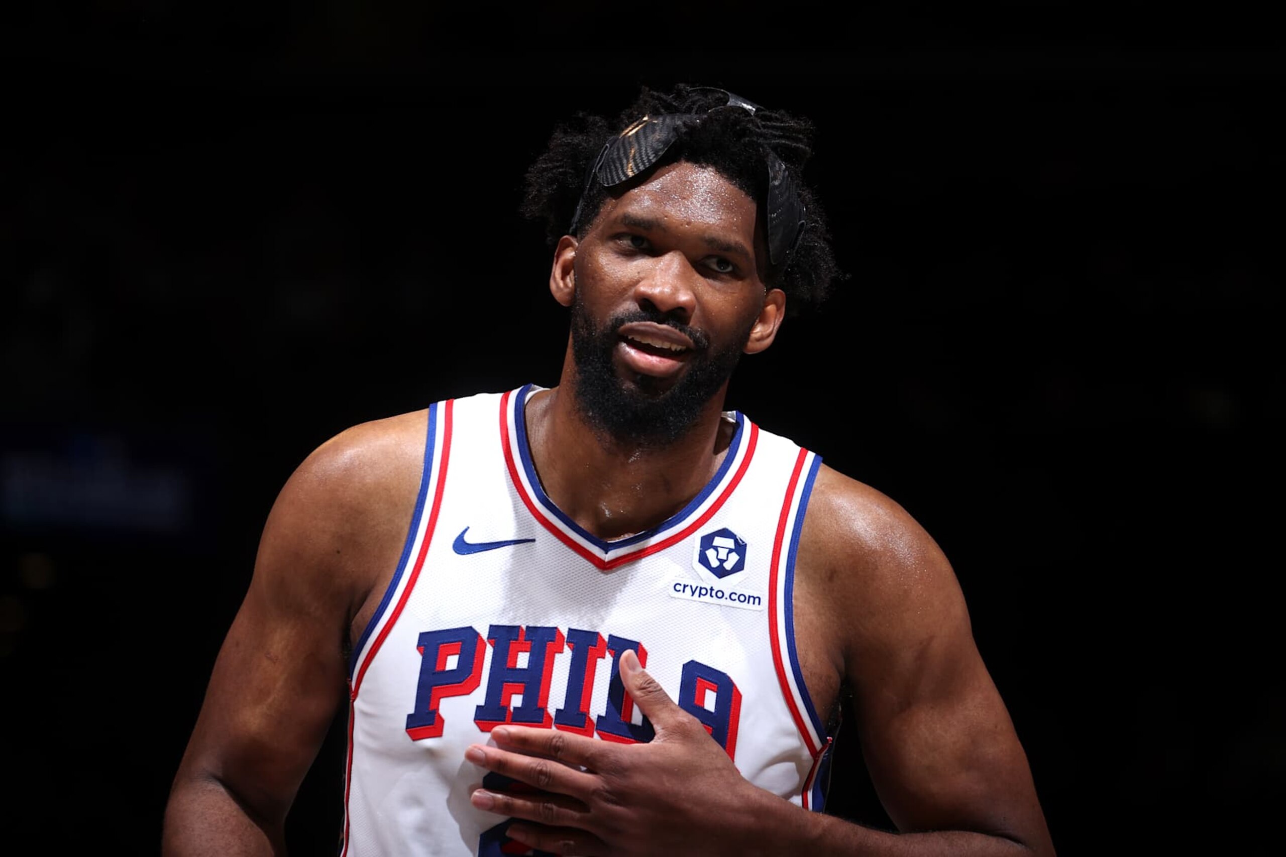 BROOKLYN, NY - JANUARY 4: Joel Embiid #21 of the Philadelphia 76ers looks on during the game against the Brooklyn Nets on January 4, 2025 at Barclays Center in Brooklyn, New York. NOTE TO USER: User expressly acknowledges and agrees that, by downloading and or using this Photograph, user is consenting to the terms and conditions of the Getty Images License Agreement. Mandatory Copyright Notice: Copyright 2025 NBAE (Photo by Nathaniel S. Butler/NBAE via Getty Images) BROOKLYN, NY - JANUARY 4: Joel Embiid #21 of the Philadelphia 76ers looks on during the game against the Brooklyn Nets on January 4, 2025 at Barclays Center in Brooklyn, New York. NOTE TO USER: User expressly acknowledges and agrees that, by downloading and or using this Photograph, user is consenting to the terms and conditions of the Getty Images License Agreement. Mandatory Copyright Notice: Copyright 2025 NBAE (Photo by Nathaniel S. Butler/NBAE via Getty Images)