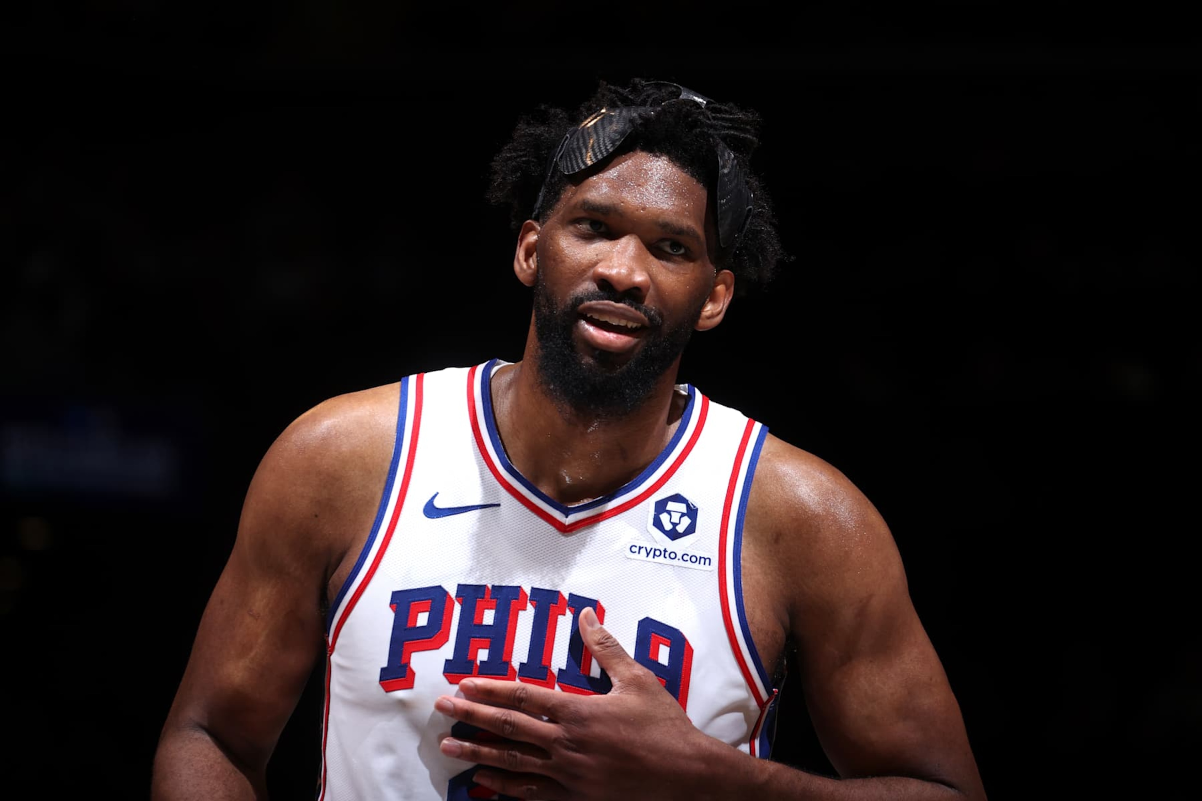 BROOKLYN, NY - JANUARY 4: Joel Embiid #21 of the Philadelphia 76ers looks on during the game against the Brooklyn Nets on January 4, 2025 at Barclays Center in Brooklyn, New York. NOTE TO USER: User expressly acknowledges and agrees that, by downloading and or using this Photograph, user is consenting to the terms and conditions of the Getty Images License Agreement. Mandatory Copyright Notice: Copyright 2025 NBAE (Photo by Nathaniel S. Butler/NBAE via Getty Images) BROOKLYN, NY - JANUARY 4: Joel Embiid #21 of the Philadelphia 76ers looks on during the game against the Brooklyn Nets on January 4, 2025 at Barclays Center in Brooklyn, New York. NOTE TO USER: User expressly acknowledges and agrees that, by downloading and or using this Photograph, user is consenting to the terms and conditions of the Getty Images License Agreement. Mandatory Copyright Notice: Copyright 2025 NBAE (Photo by Nathaniel S. Butler/NBAE via Getty Images)