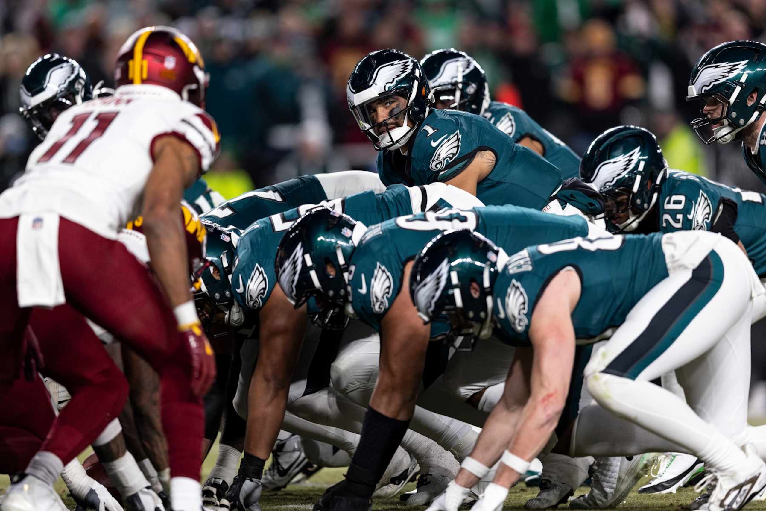PHILADELPHIA, PENNSYLVANIA - JANUARY 26: Jalen Hurts #1 of the Philadelphia Eagles looks at the referee in the third quarter of the game against the Washington Commanders at Lincoln Financial Field on January 26, 2025 in Philadelphia, Pennsylvania. The Eagles beat the Commanders 55-23. (Photo by Lauren Leigh Bacho/Getty Images) PHILADELPHIA, PENNSYLVANIA - JANUARY 26: Jalen Hurts #1 of the Philadelphia Eagles looks at the referee in the third quarter of the game against the Washington Commanders at Lincoln Financial Field on January 26, 2025 in Philadelphia, Pennsylvania. The Eagles beat the Commanders 55-23. (Photo by Lauren Leigh Bacho/Getty Images)