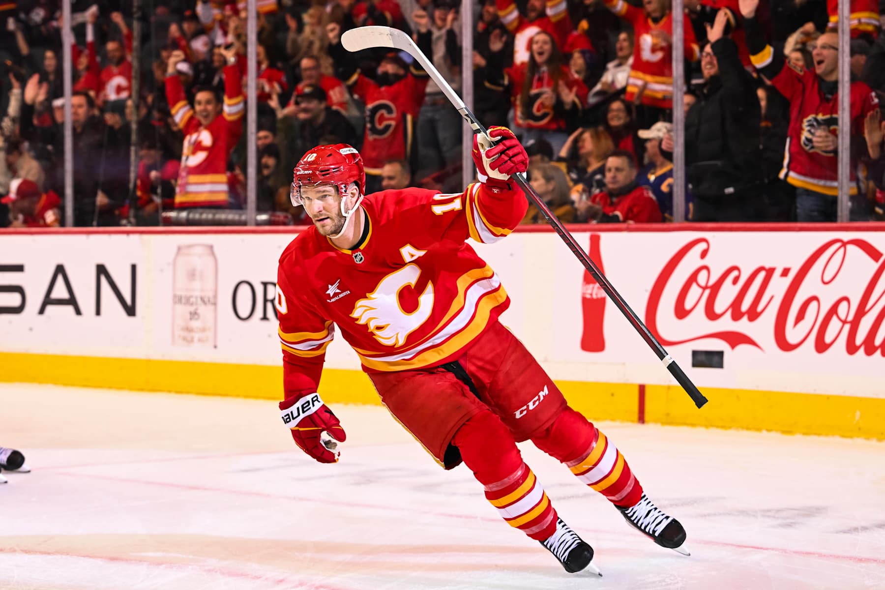CALGARY, AB - JANUARY 23: Calgary Flames center Jonathan Huberdeau (10) reacts after scoring a goal during the Buffalo Sabres versus the Calgary Flames game on January 23, 2025, at Scotiabank Saddledome in Calgary, AB (Photo by David Kirouac/Icon Sportswire via Getty Images)