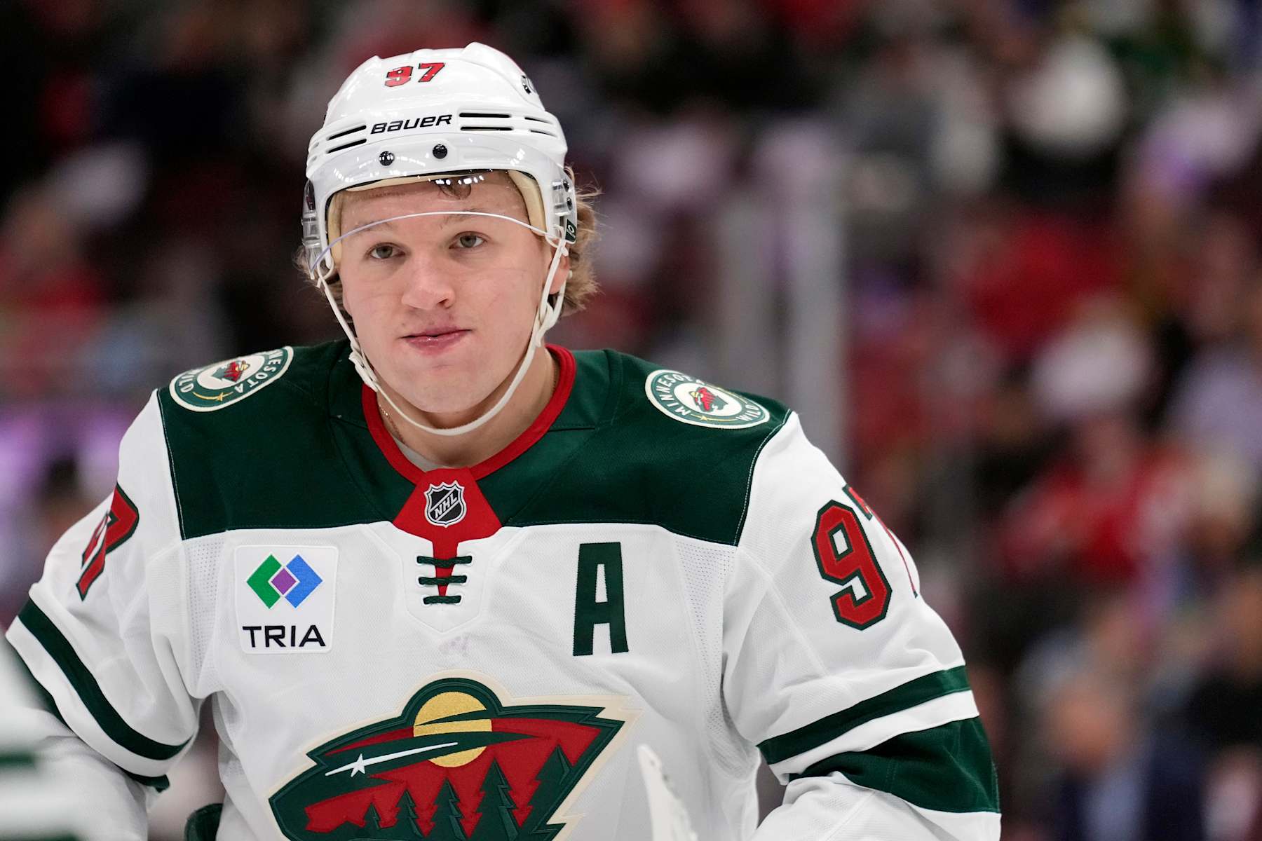 CHICAGO, ILLINOIS - JANUARY 26: Kirill Kaprizov #97 of the Minnesota Wild skates against the Chicago Blackhawks during the first period at the United Center on January 26, 2025 in Chicago, Illinois. (Photo by Patrick McDermott/Getty Images)