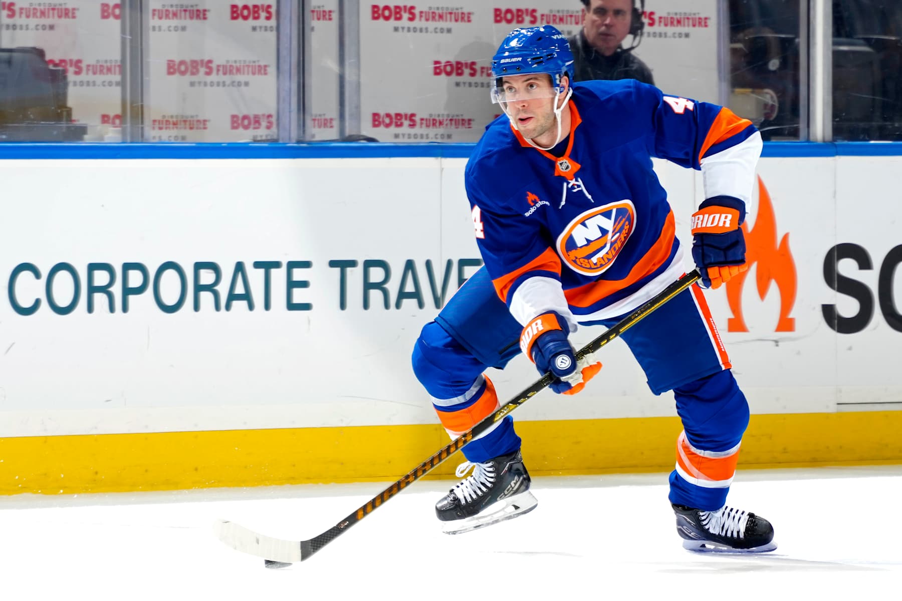 ELMONT, NEW YORK - JANUARY 25:  Tony DeAngelo #4 of the New York Islanders skates with the puck against the Carolina Hurricanes during the first period at UBS Arena on January 25, 2025 in Elmont, New York. (Photo by Mike Stobe/NHLI via Getty Images)