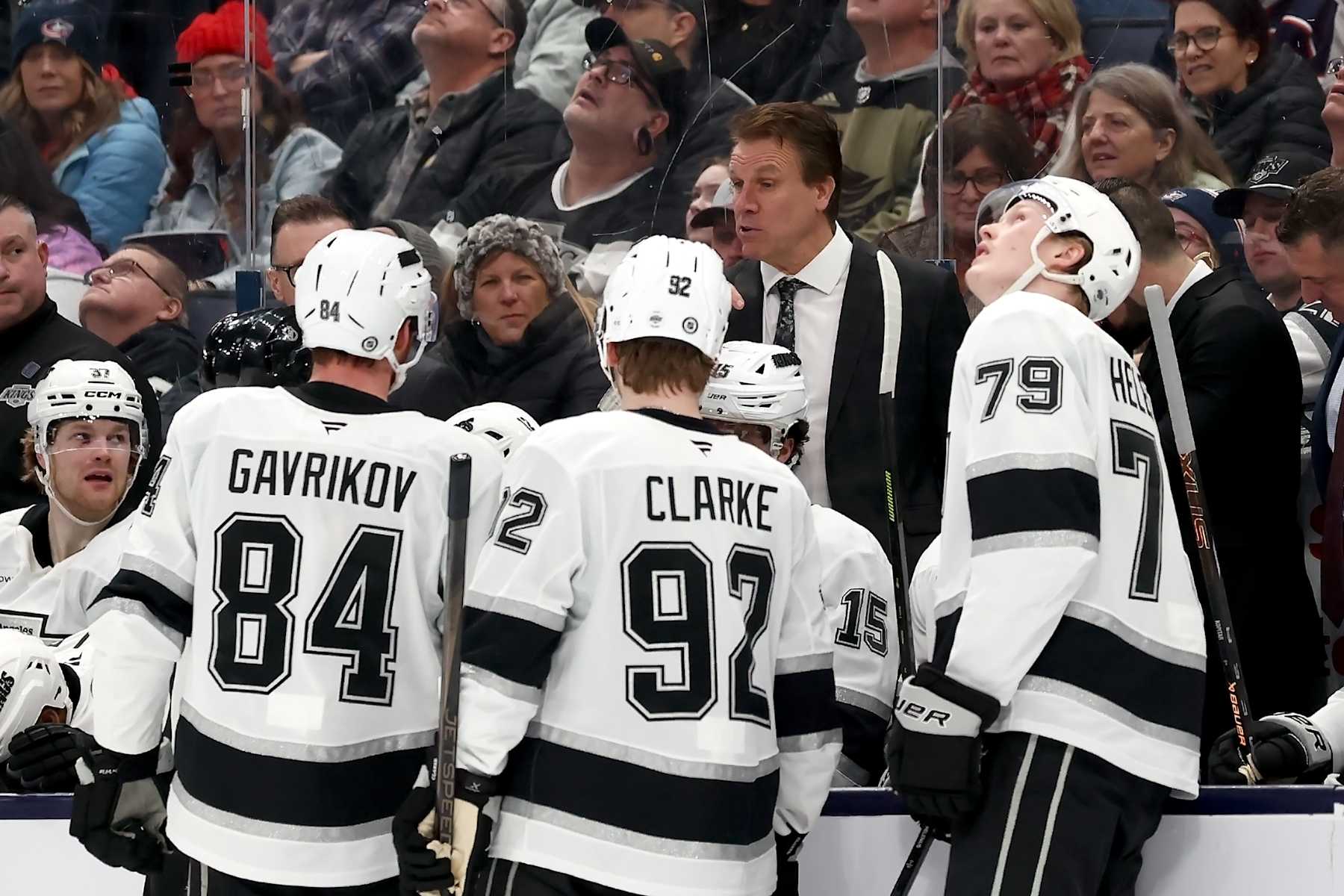 COLUMBUS, OHIO - JANUARY 25:  Head coach Jim Hiller of the Los Angeles Kings talks with his players during the game against the Columbus Blue Jackets at Nationwide Arena on January 25, 2025 in Columbus, Ohio. Columbus defeated Los Angeles 3-2 in overtime. (Photo by Kirk Irwin/NHLI via Getty Images)
