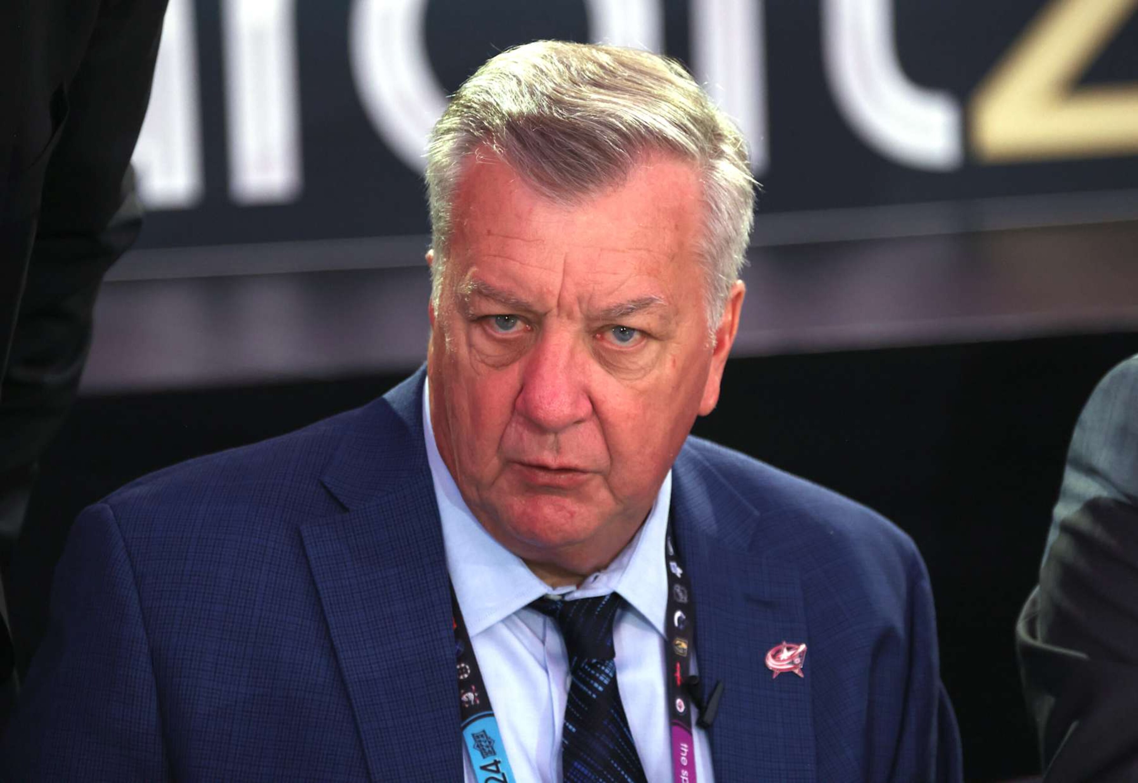 LAS VEGAS, NEVADA - JUNE 29: President and general manager Don Waddell of the Columbus Blue Jackets looks on from the draft table during the 2024 Upper Deck NHL Draft Rounds 2-7 at Sphere on June 29, 2024 in Las Vegas, Nevada. (Photo by Dave Sandford/NHLI via Getty Images)