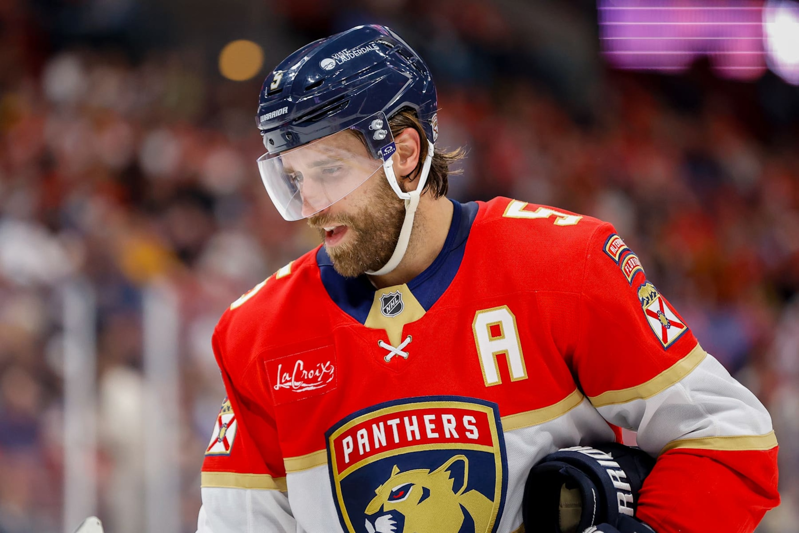 SUNRISE, FL - JANUARY 03: Florida Panther Aaron Ekblad (5) looks on during the game between the Pittsburgh Penguins and the Florida Panthers on Friday January 3, 2025 at Amerant Bank Arena in Sunrise, Fla.  (Photo by Chris Arjoon/Icon Sportswire via Getty Images)