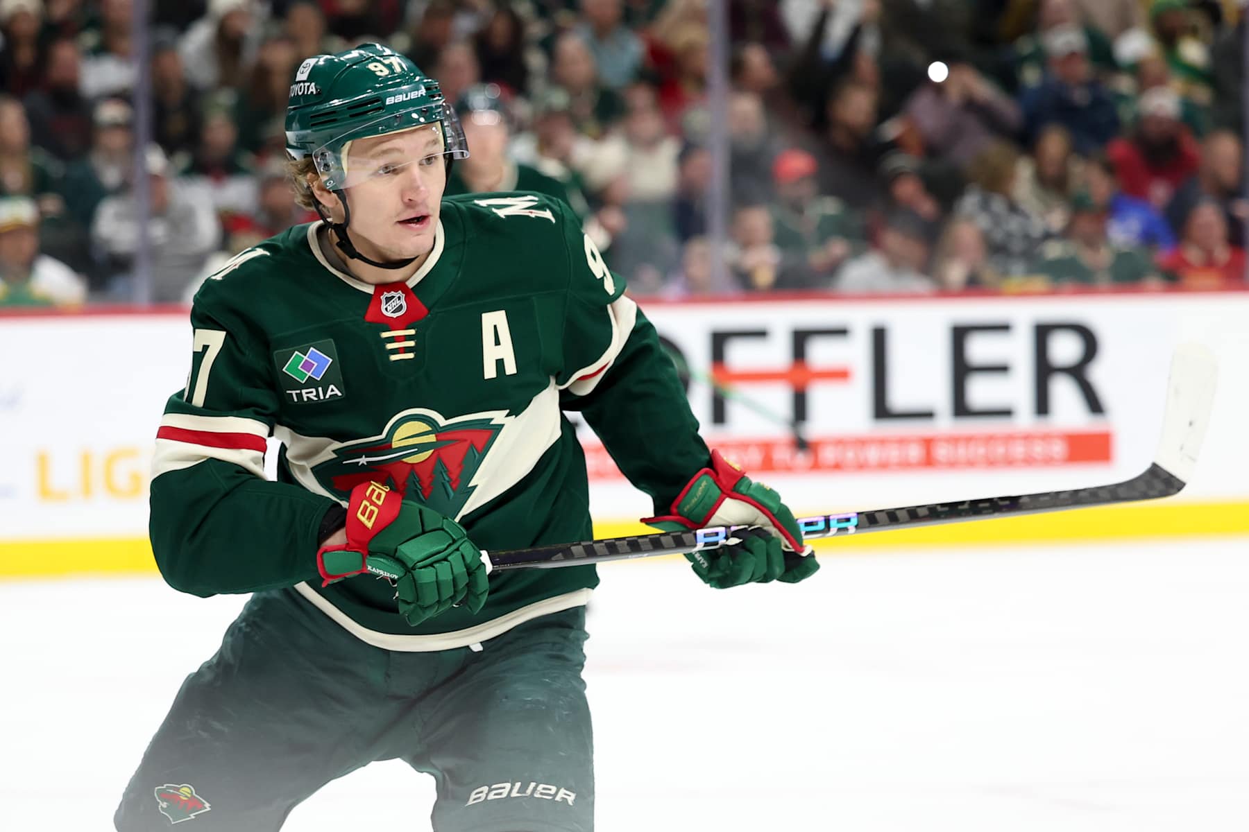 ST PAUL, MINNESOTA - JANUARY 23: Kirill Kaprizov #97 of the Minnesota Wild skates toward the puck in the second period of a game against the Utah Hockey Club at Xcel Energy Center on January 23, 2025 in St Paul, Minnesota. (Photo by Ellen Schmidt/Getty Images)