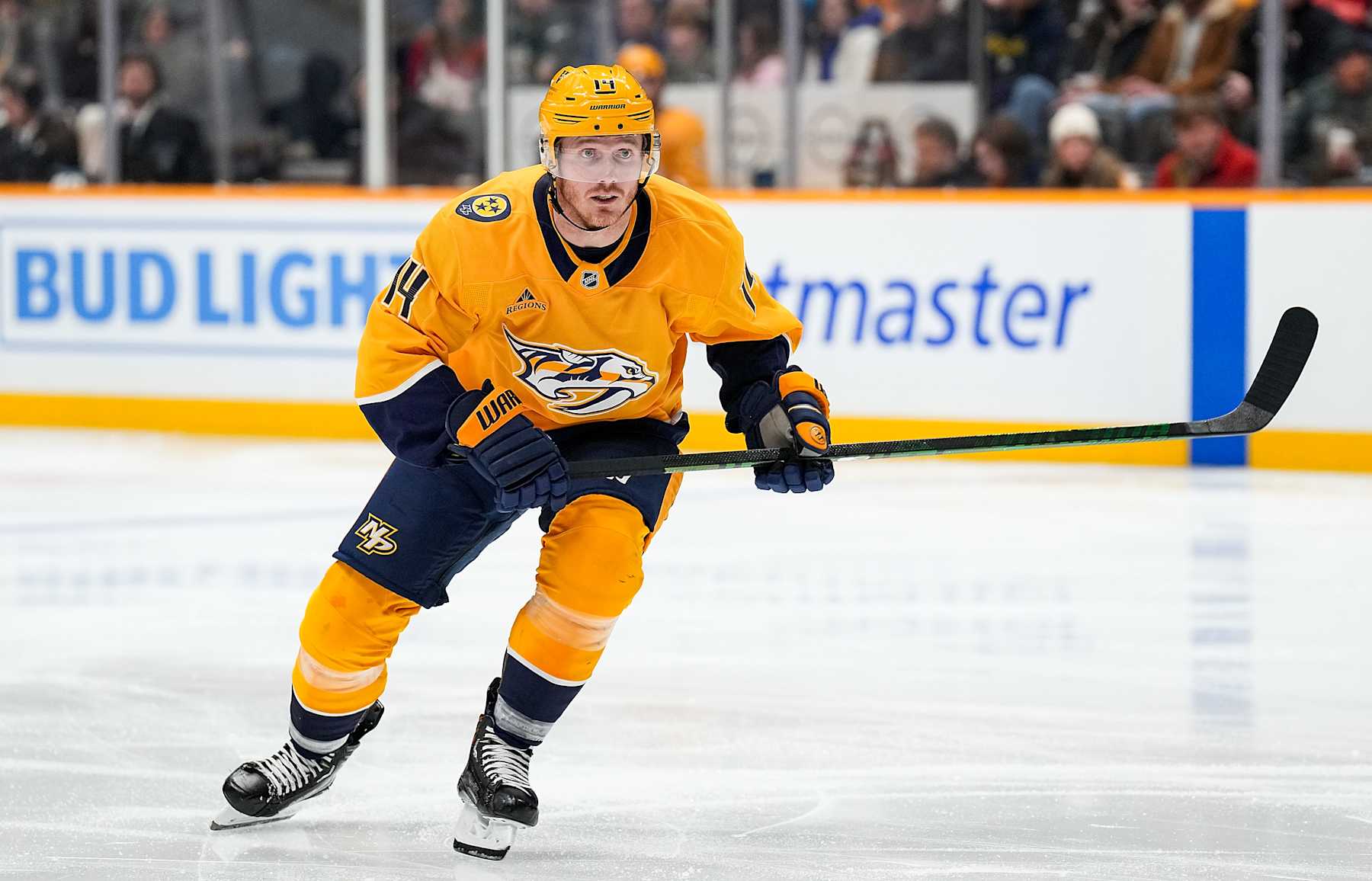 NASHVILLE, TENNESSEE - JANUARY 11: Gustav Nyquist #14 of the Nashville Predators skates against the Washington Capitals during an NHL game at Bridgestone Arena on January 11, 2025 in Nashville, Tennessee. (Photo by John Russell/NHLI via Getty Images)