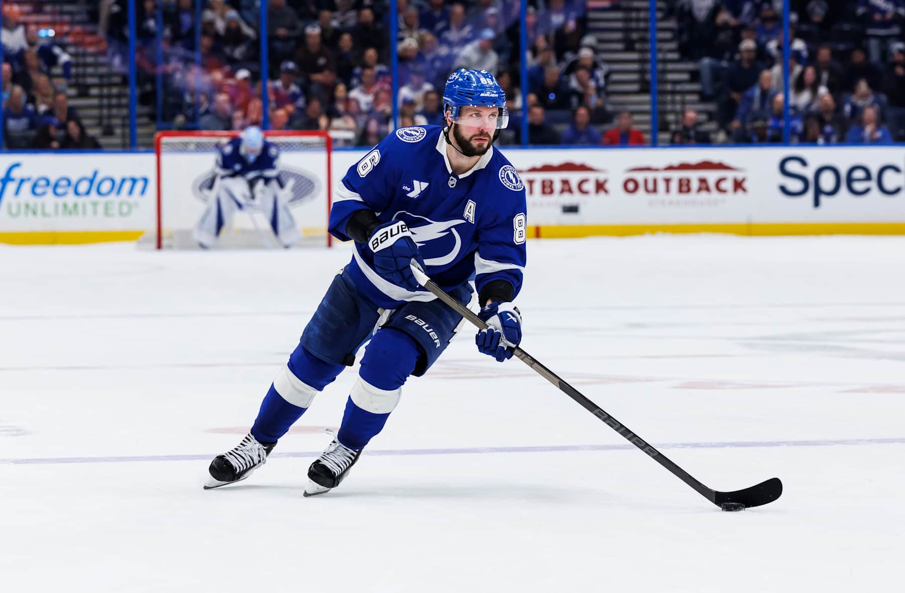 TAMPA, FL - JANUARY 16: Nikita Kucherov #86 of the Tampa Bay Lightning skates against the Anaheim Ducks at Amalie Arena on January 16, 2025 in Tampa, Florida. (Photo by Mark LoMoglio/NHLI via Getty Images)