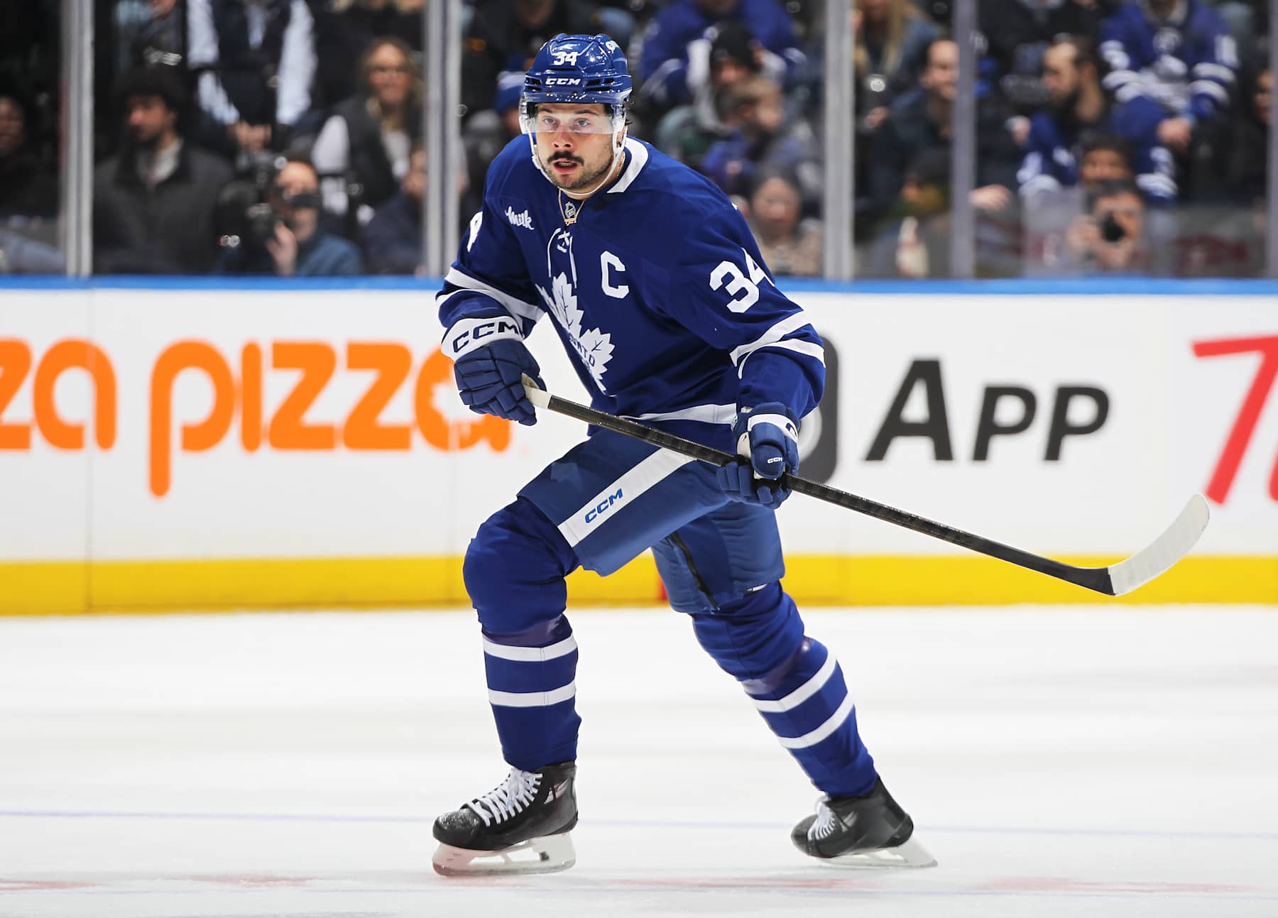 TORONTO, CANADA - JANUARY 20:  Auston Matthews #34 of the Toronto Maple Leafs skates against the Tampa Bay Lightning during the first period in an NHL game at Scotiabank Arena on January 20, 2025 in Toronto, Ontario, Canada.  (Photo by Claus Andersen/Getty Images)