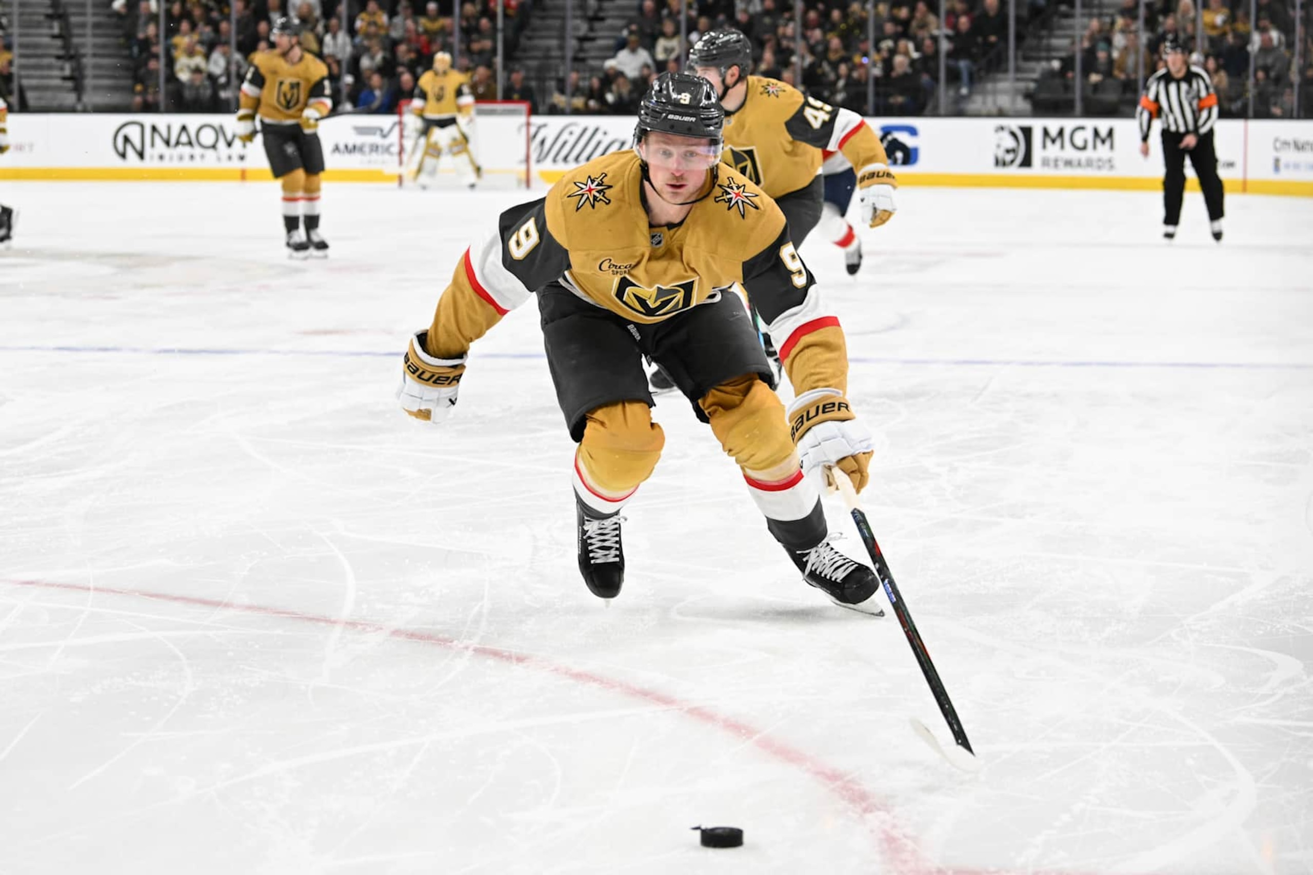 LAS VEGAS, NEVADA - JANUARY 26: Jack Eichel #9 of the Vegas Golden Knights chases after the puck against the Florida Panthers in the second period of their game at T-Mobile Arena on January 26, 2025 in Las Vegas, Nevada. The Golden Knights defeated the Panthers 4-1. (Photo by Candice Ward/Getty Images)