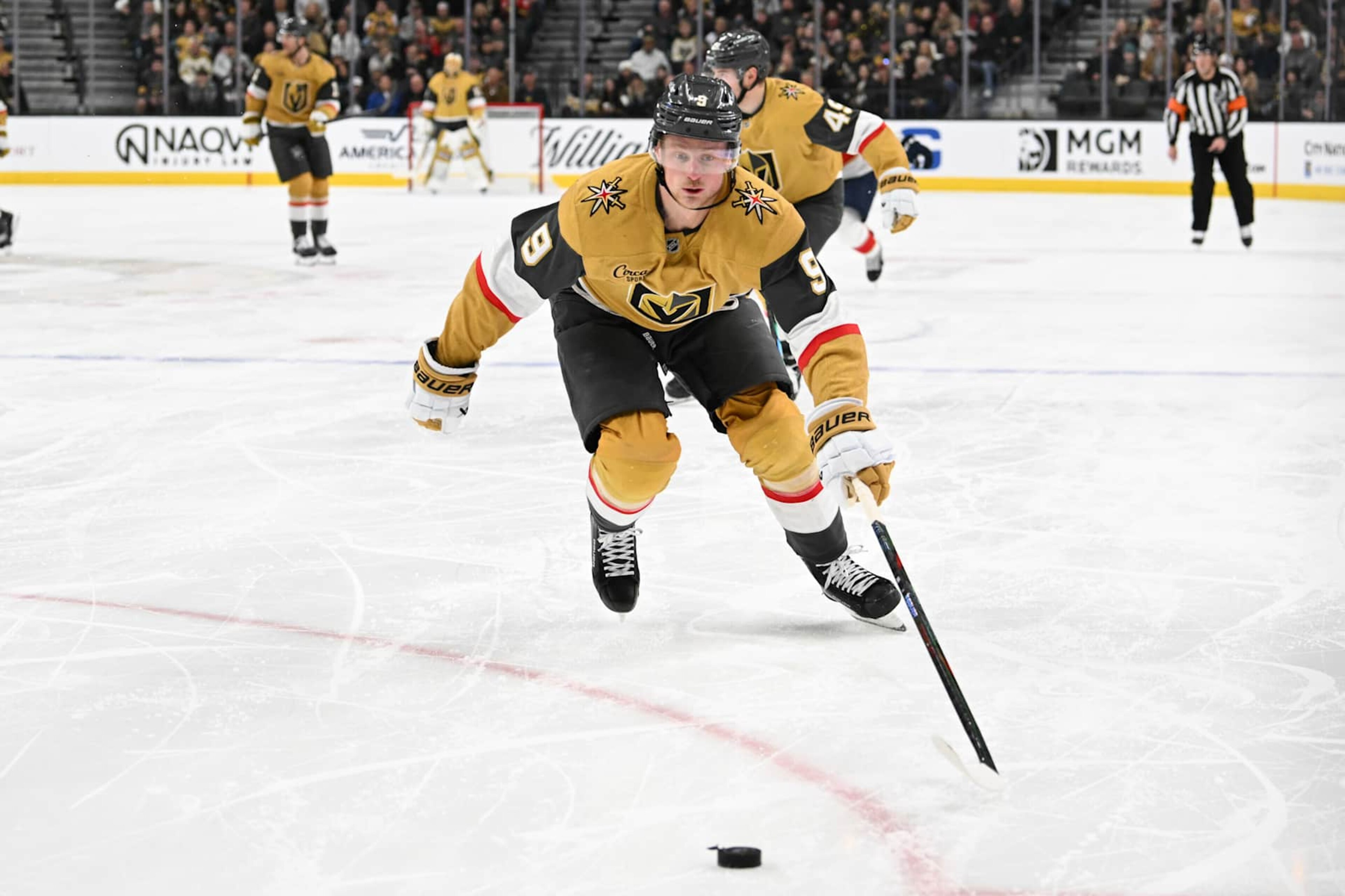 LAS VEGAS, NEVADA - JANUARY 26: Jack Eichel #9 of the Vegas Golden Knights chases after the puck against the Florida Panthers in the second period of their game at T-Mobile Arena on January 26, 2025 in Las Vegas, Nevada. The Golden Knights defeated the Panthers 4-1. (Photo by Candice Ward/Getty Images)