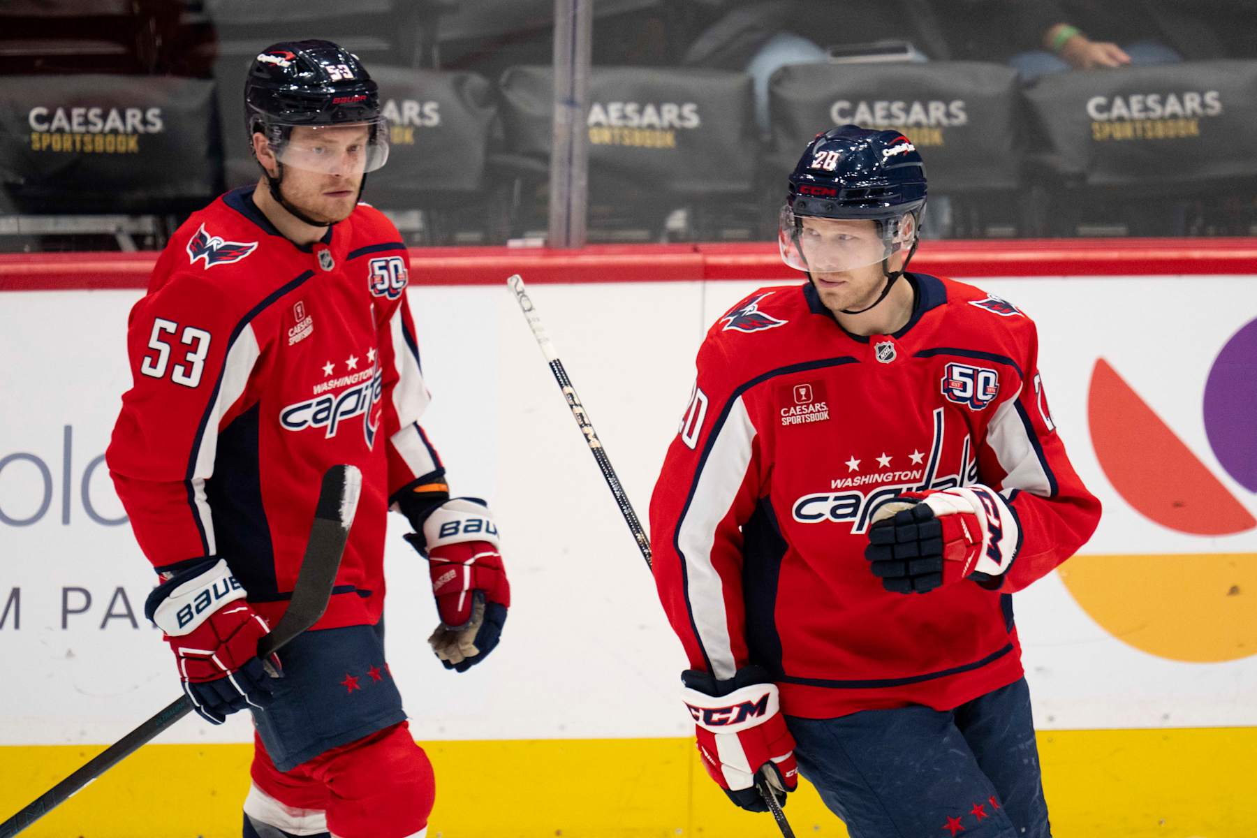 WASHINGTON, DC - JANUARY 10: Lars Eller #20 celebrates with Ethen Frank #53 of the Washington Capitals after scoring a goal against the Montreal Canadiens during the third period of a game at Capital One Arena on January 10, 2025 in Washington, D.C. This marks Franks first NHL point in his debut. (Photo by Jess Rapfogel/NHLI via Getty Images)