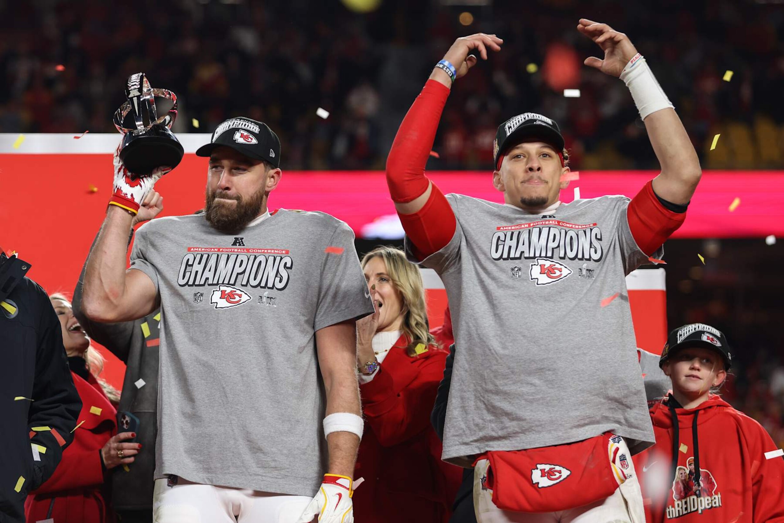 KANSAS CITY, MO - JANUARY 26: Kansas City Chiefs tight end Travis Kelce (87) and quarterback Patrick Mahomes (15) raise their hands and the Lamar Hunt trophy to celebrate winning the AFC Championship game against the Buffalo Bills on January 26, 2025 at GEHA Field at Arrowhead Stadium in Kansas City, MO. (Photo by Scott Winters/Icon Sportswire via Getty Images) KANSAS CITY, MO - JANUARY 26: Kansas City Chiefs tight end Travis Kelce (87) and quarterback Patrick Mahomes (15) raise their hands and the Lamar Hunt trophy to celebrate winning the AFC Championship game against the Buffalo Bills on January 26, 2025 at GEHA Field at Arrowhead Stadium in Kansas City, MO. (Photo by Scott Winters/Icon Sportswire via Getty Images)