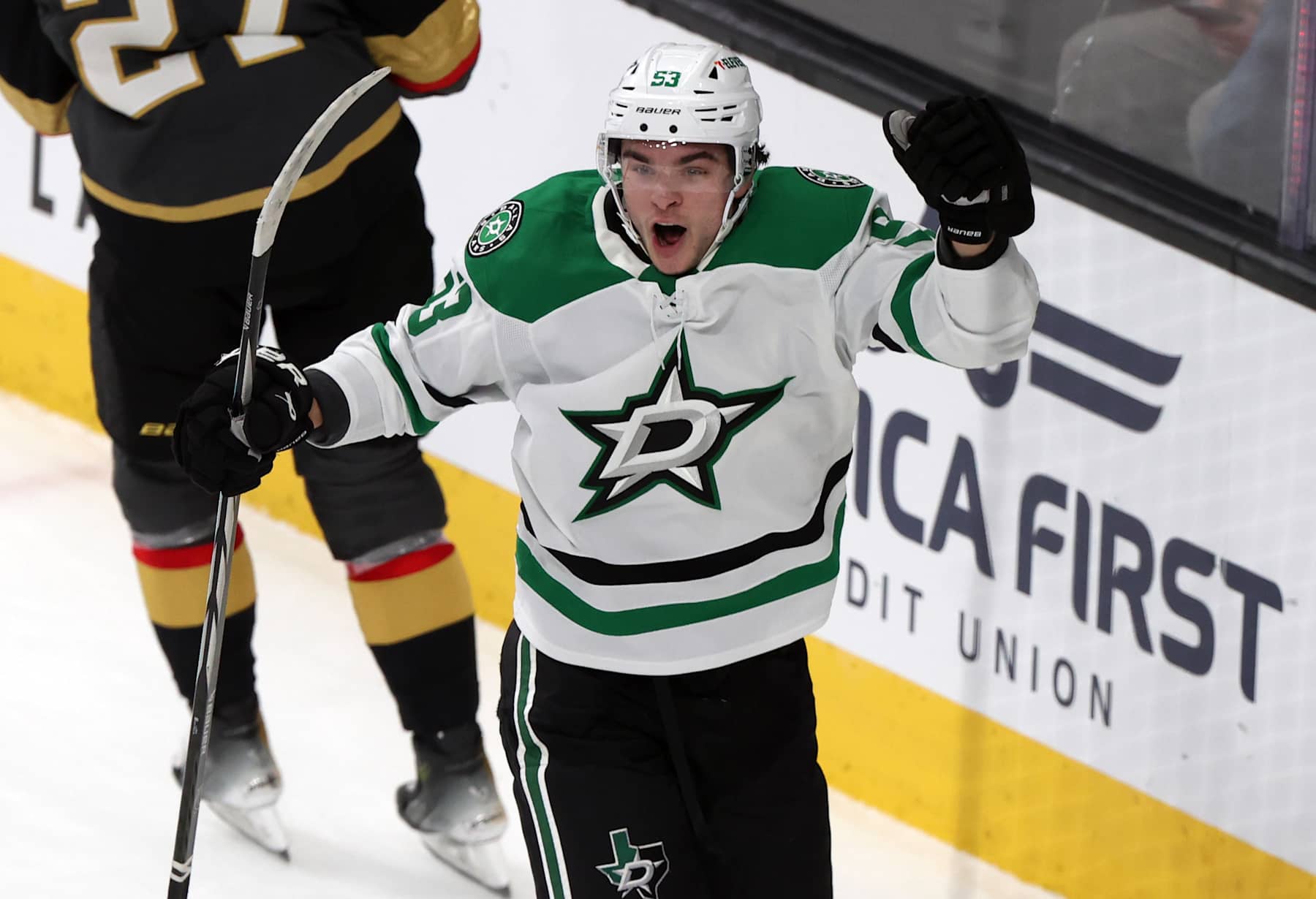 LAS VEGAS, NEVADA - JANUARY 28: Wyatt Johnston #53 of the Dallas Stars celebrates after scoring the game-winning goal in overtime to defeat the Vegas Golden Knights at T-Mobile Arena on January 28, 2025 in Las Vegas, Nevada. (Photo by Zak Krill/NHLI via Getty Images)