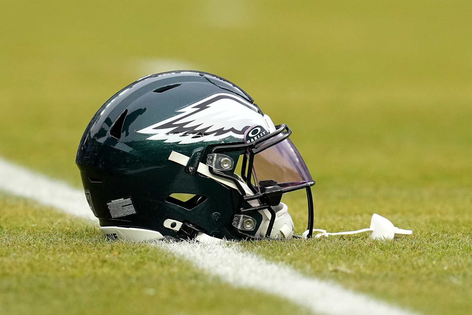 PHILADELPHIA, PENNSYLVANIA - JANUARY 19: A detailed view of a Philadelphia Eagles helmet before the game against the Los Angeles Rams during the NFC Divisional Playoff at Lincoln Financial Field on January 19, 2025 in Philadelphia, Pennsylvania. (Photo by Mitchell Leff/Getty Images)