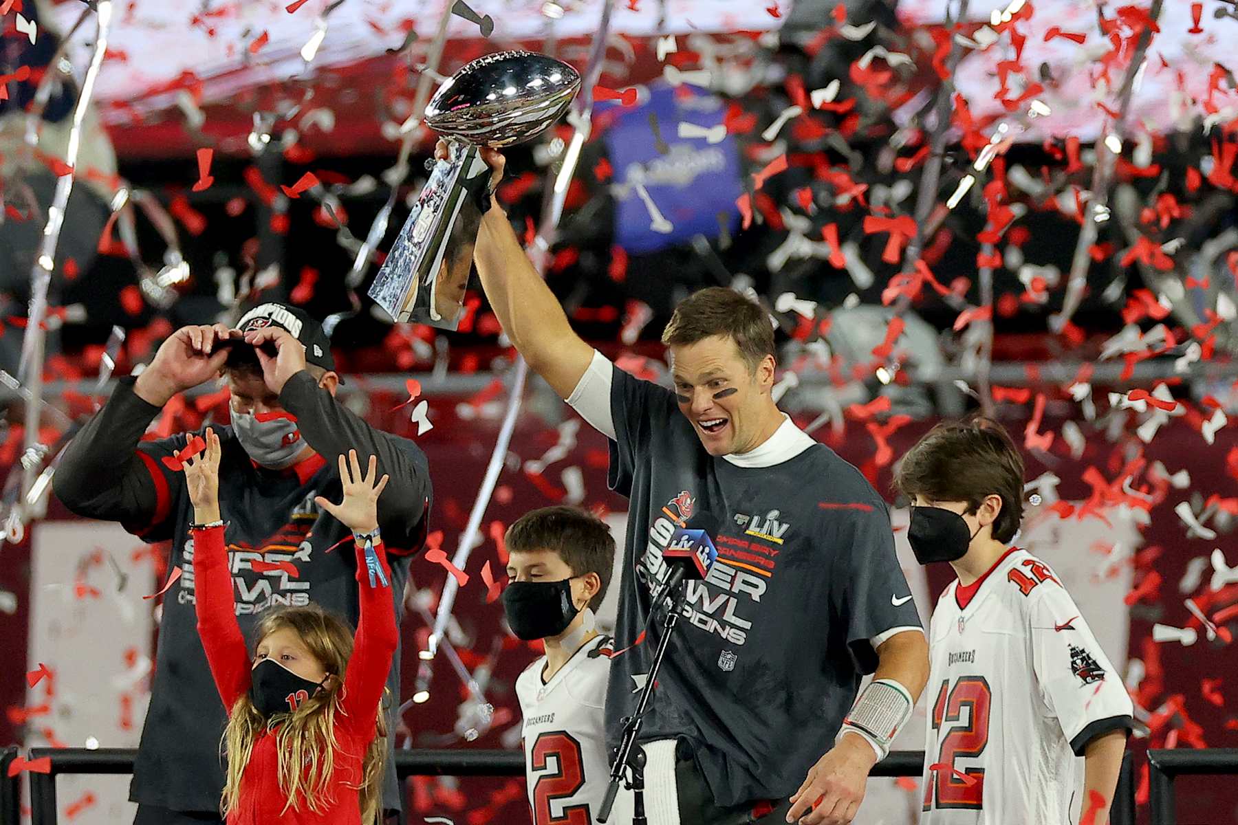 TAMPA, FLORIDA - FEBRUARY 07: Tom Brady #12 of the Tampa Bay Buccaneers celebrates with the Lombardi Trophy after defeating the Kansas City Chiefs in Super Bowl LV at Raymond James Stadium on February 07, 2021 in Tampa, Florida. The Buccaneers defeated the Chiefs 31-9. (Photo by Kevin C. Cox/Getty Images)
