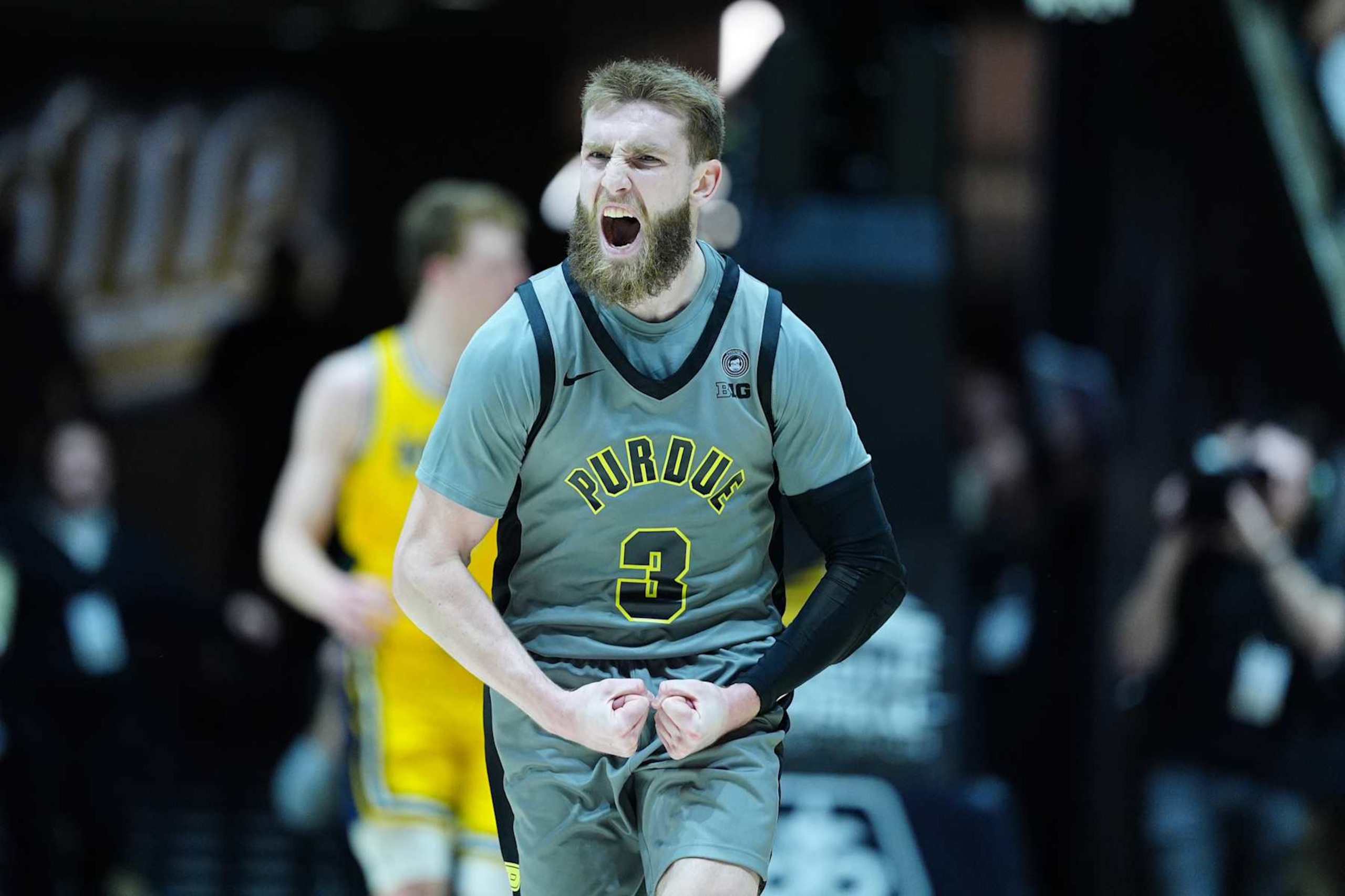 WEST LAFAYETTE, IN - JANUARY 24: Purdue Boilermakers guard Braden Smith (3) reacts after a play against the Michigan Wolverines on January 24, 2025, at Mackey Arena in West Lafayette, Indiana. (Photo by Brian Spurlock/Icon Sportswire via Getty Images)