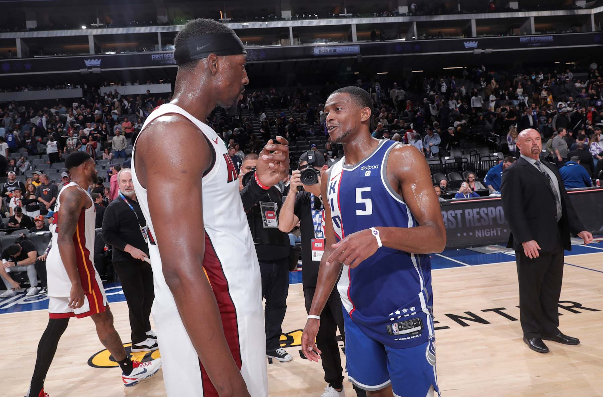 SACRAMENTO, CA - FEBRUARY 26: Bam Adebayo #13 of the Miami Heat and De'Aaron Fox #5 of the Sacramento Kings talk after the game on February 26, 2024 at Golden 1 Center in Sacramento, California. NOTE TO USER: User expressly acknowledges and agrees that, by downloading and or using this photograph, User is consenting to the terms and conditions of the Getty Images Agreement. Mandatory Copyright Notice: Copyright 2024 NBAE (Photo by Rocky Widner/NBAE via Getty Images)