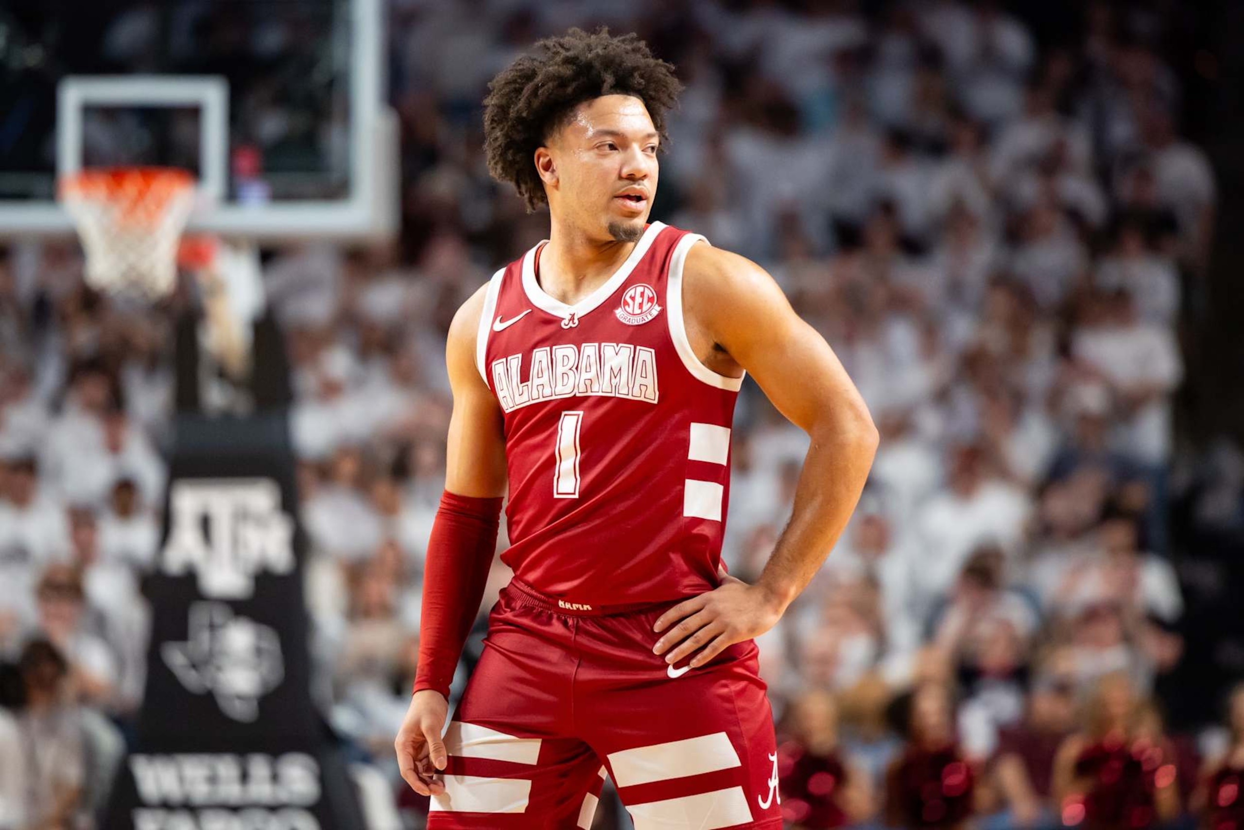 COLLEGE STATION, TEXAS - JANUARY 11: Mark Sears #1 of the Alabama Crimson Tide is pictured on the court during the first half of a game at Reed Arena on January 11, 2025 in College Station, Texas. (Photo by Joe Buvid/Getty Images)