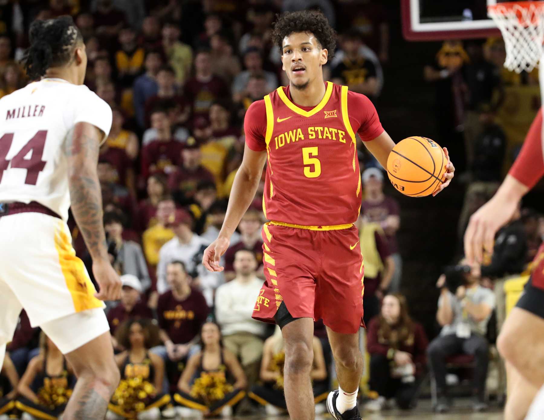 TEMPE, ARIZONA - JANUARY 25: Guard Curtis Jones #5 of the Iowa State Cyclones dribbles the ball up the court during the first half of the Iowa State Cyclones versus the Arizona State Sun Devils basketball game at Desert Financial Arena on January 25, 2025 in Tempe, Arizona. (Photo by Bruce Yeung/Getty Images)