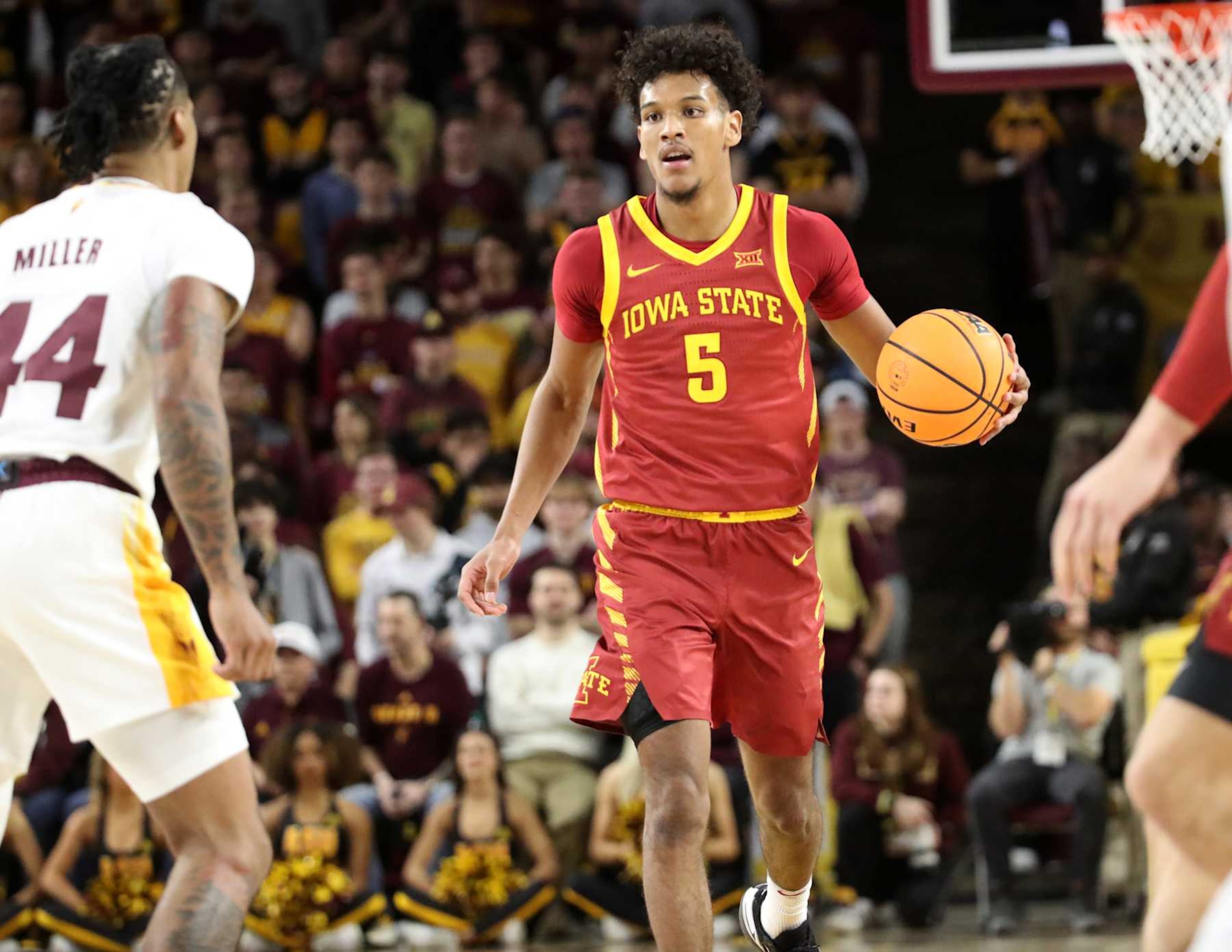 TEMPE, ARIZONA - JANUARY 25: Guard Curtis Jones #5 of the Iowa State Cyclones dribbles the ball up the court during the first half of the Iowa State Cyclones versus the Arizona State Sun Devils basketball game at Desert Financial Arena on January 25, 2025 in Tempe, Arizona. (Photo by Bruce Yeung/Getty Images)