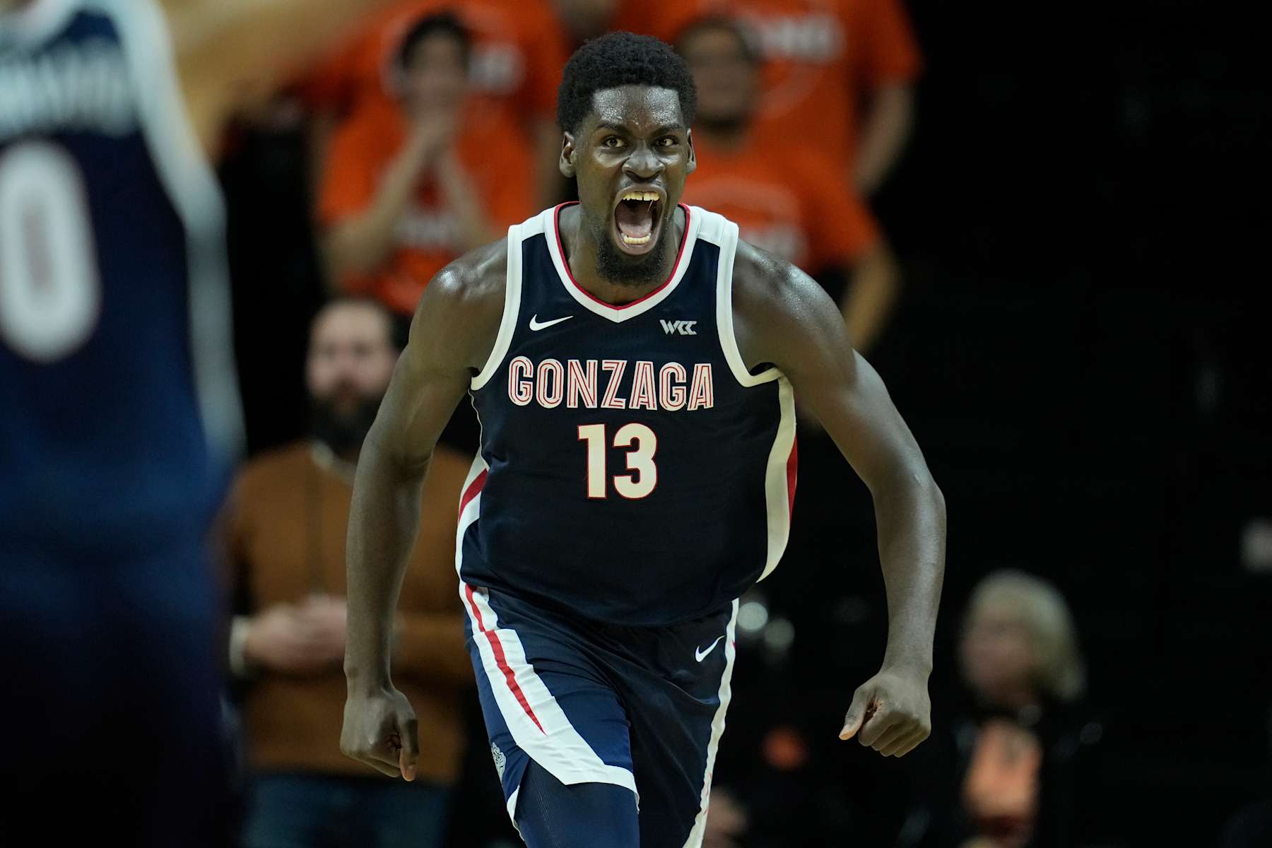 CORVALLIS, OREGON - JANUARY 16: Graham Ike #13 of the Gonzaga Bulldogs reacts after a shot during the second half against the Oregon State Beavers at Gill Coliseum on January 16, 2025 in Corvallis, Oregon. (Photo by Soobum Im/Getty Images)