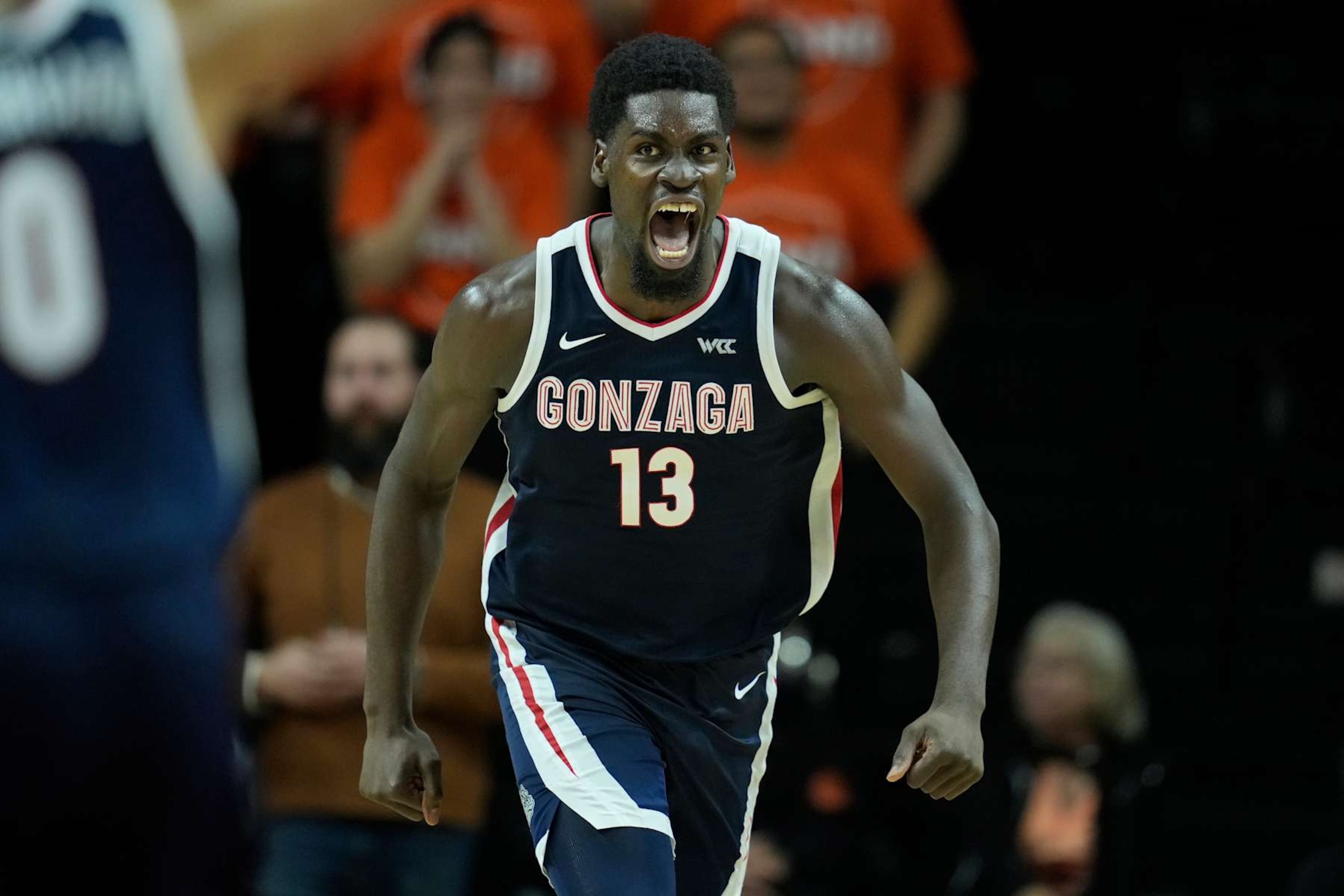 CORVALLIS, OREGON - JANUARY 16: Graham Ike #13 of the Gonzaga Bulldogs reacts after a shot during the second half against the Oregon State Beavers at Gill Coliseum on January 16, 2025 in Corvallis, Oregon. (Photo by Soobum Im/Getty Images)