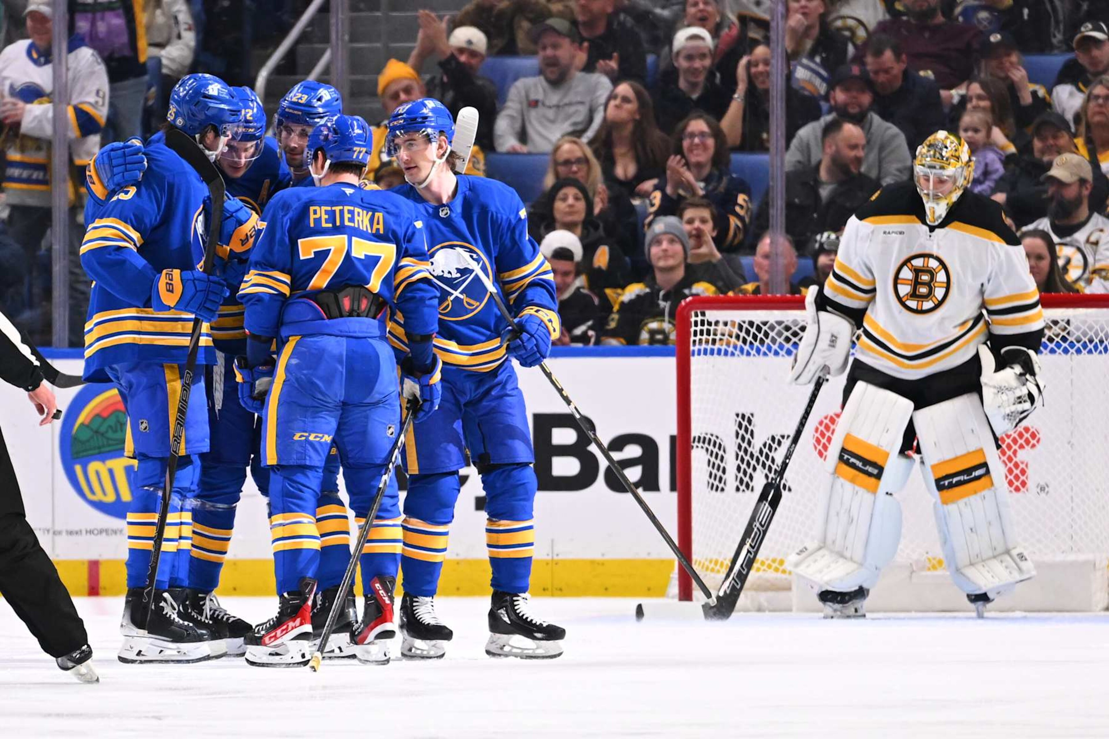 BUFFALO, NY - JANUARY 28: Tage Thompson #72 of the Buffalo Sabres celebrates his second period goal with teammates after scoring against Jeremy Swayman #1 of the Boston Bruins during an NHL game on January 28, 2025 at KeyBank Center in Buffalo, New York. (Photo by Joe Hrycych/Getty Images)