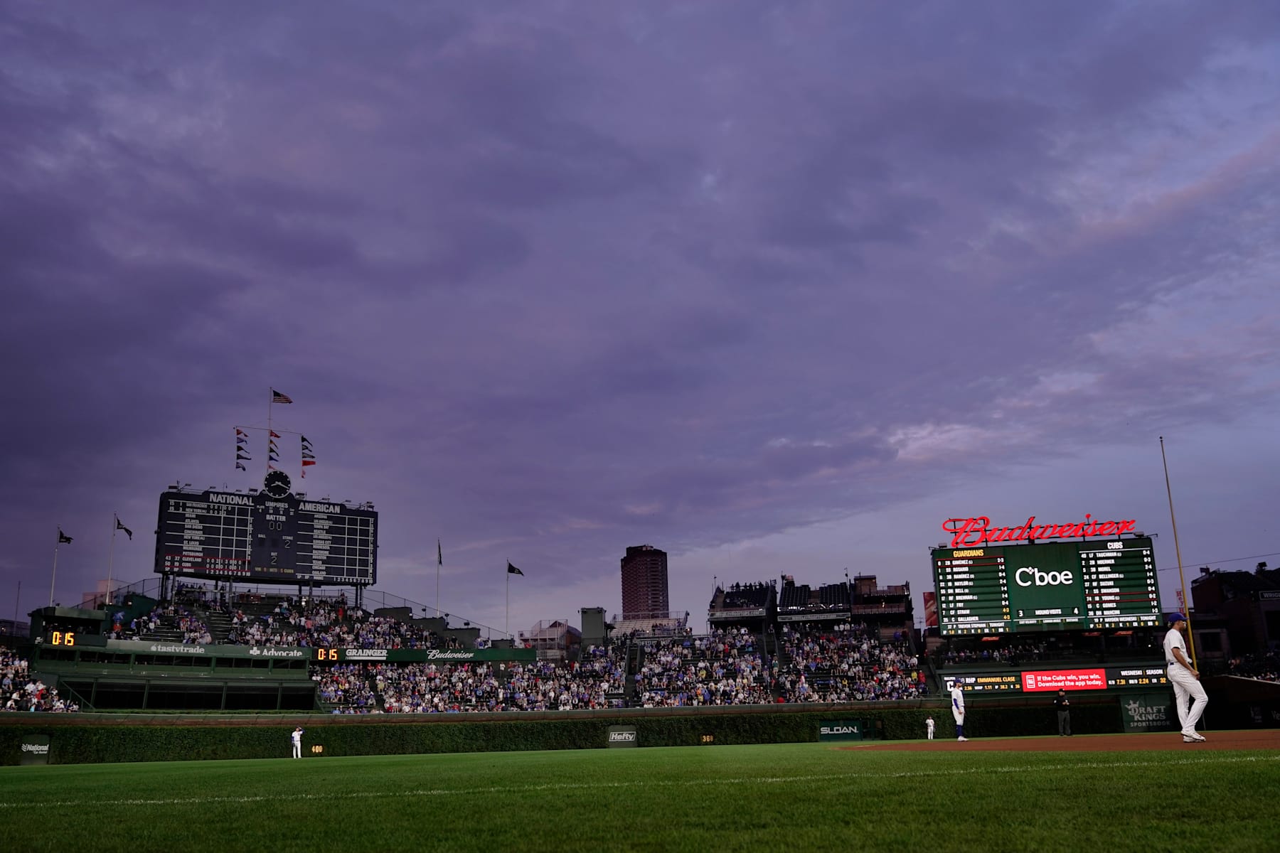 CHICAGO, ILLINOIS - JULY 02: Clouds persisted over Wrigley Field following a rain delay for a game between the Chicago Cubs and the Cleveland Guardians at Wrigley Field on July 02, 2023 in Chicago, Illinois. (Photo by Nuccio DiNuzzo/Getty Images)