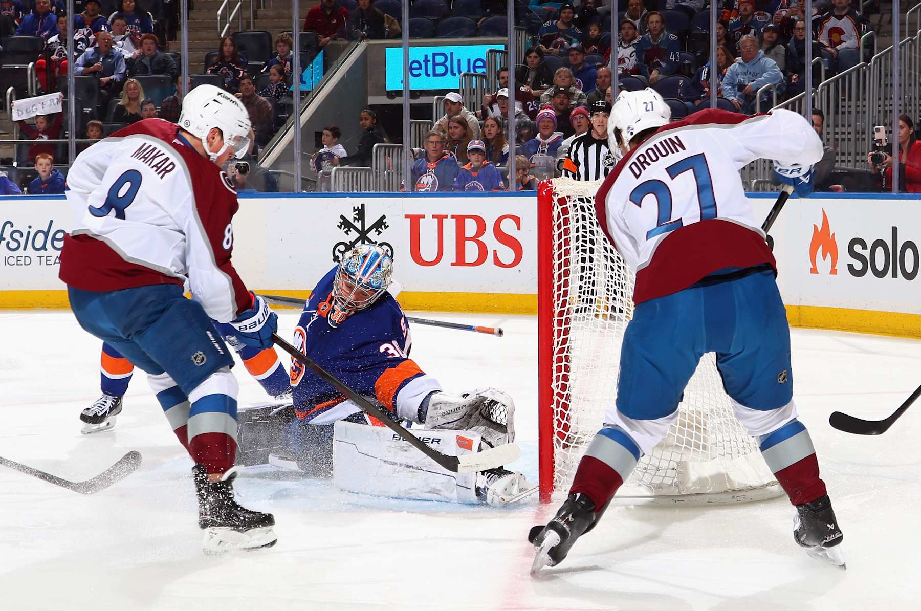 ELMONT, NEW YORK - JANUARY 28: Ilya Sorokin #30 of the New York Islanders tends net against Cale Makar #8 of the Colorado Avalanche during the first period at UBS Arena on January 28, 2025 in Elmont, New York. (Photo by Bruce Bennett/Getty Images)