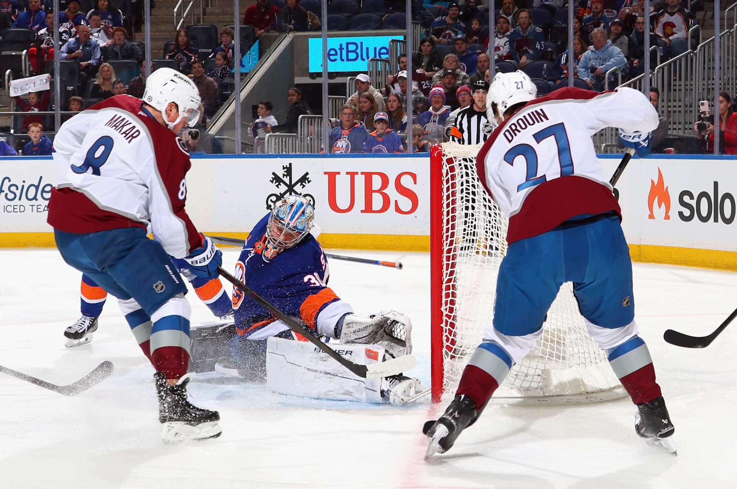 ELMONT, NEW YORK - JANUARY 28: Ilya Sorokin #30 of the New York Islanders tends net against Cale Makar #8 of the Colorado Avalanche during the first period at UBS Arena on January 28, 2025 in Elmont, New York. (Photo by Bruce Bennett/Getty Images)
