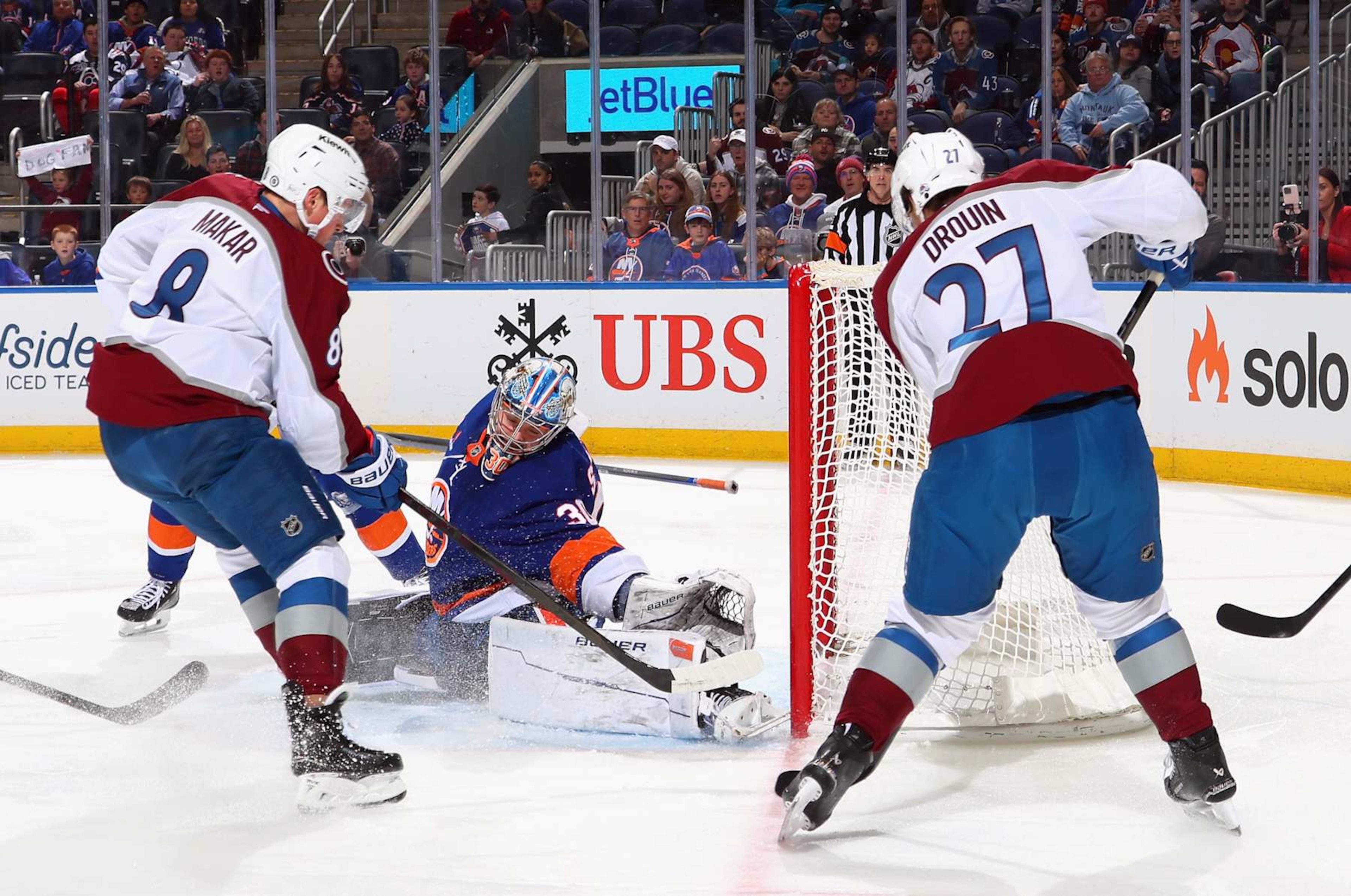 ELMONT, NEW YORK - JANUARY 28: Ilya Sorokin #30 of the New York Islanders tends net against Cale Makar #8 of the Colorado Avalanche during the first period at UBS Arena on January 28, 2025 in Elmont, New York. (Photo by Bruce Bennett/Getty Images)