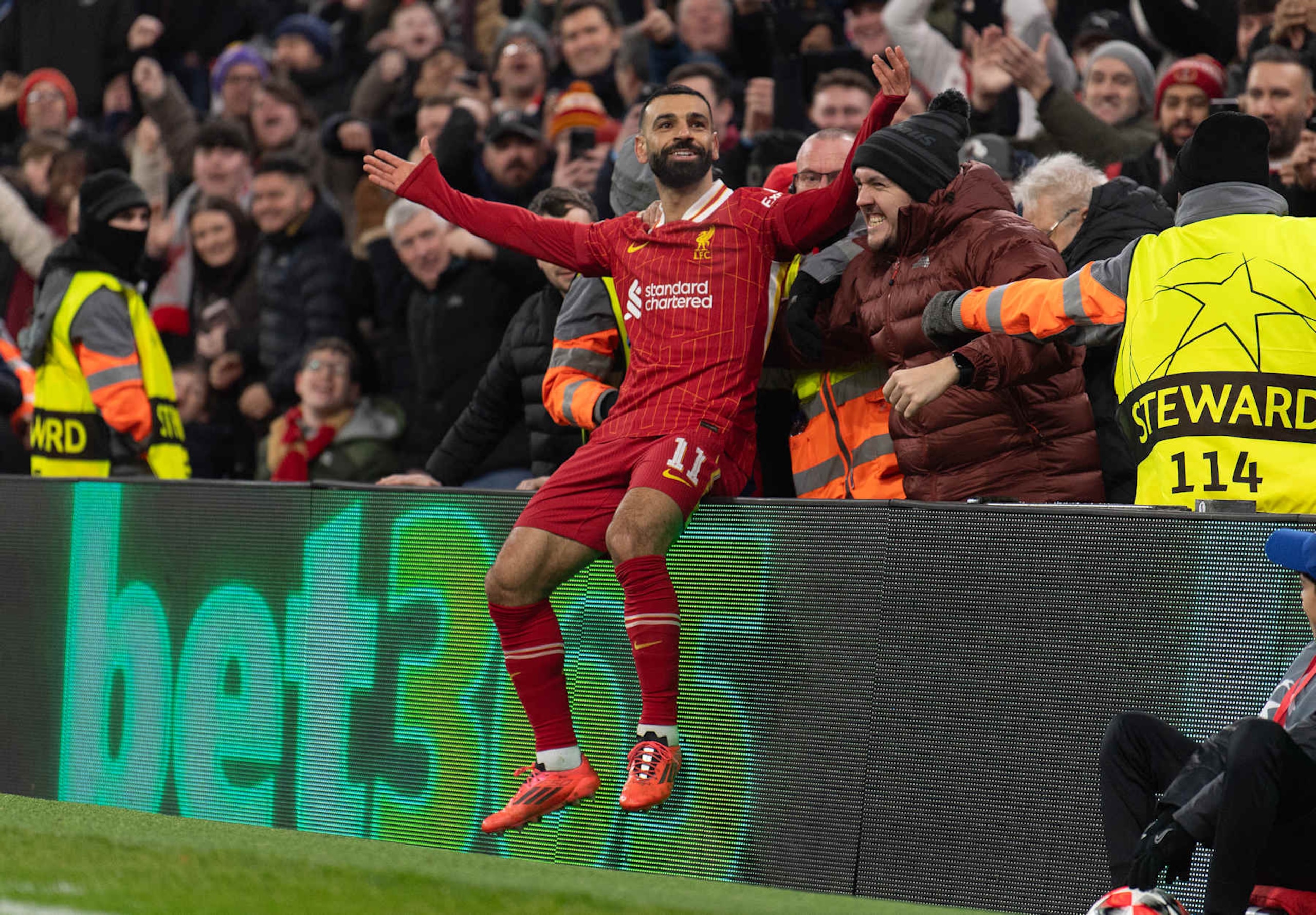 LIVERPOOL, ENGLAND - JANUARY 21: Mohamed Salah of Liverpool celebrates scoring the first goal during the UEFA Champions League 2024/25 League Phase MD7 match between Liverpool FC and LOSC Lille at Anfield on January 21, 2025 in Liverpool, England. (Photo by Visionhaus/Getty Images)