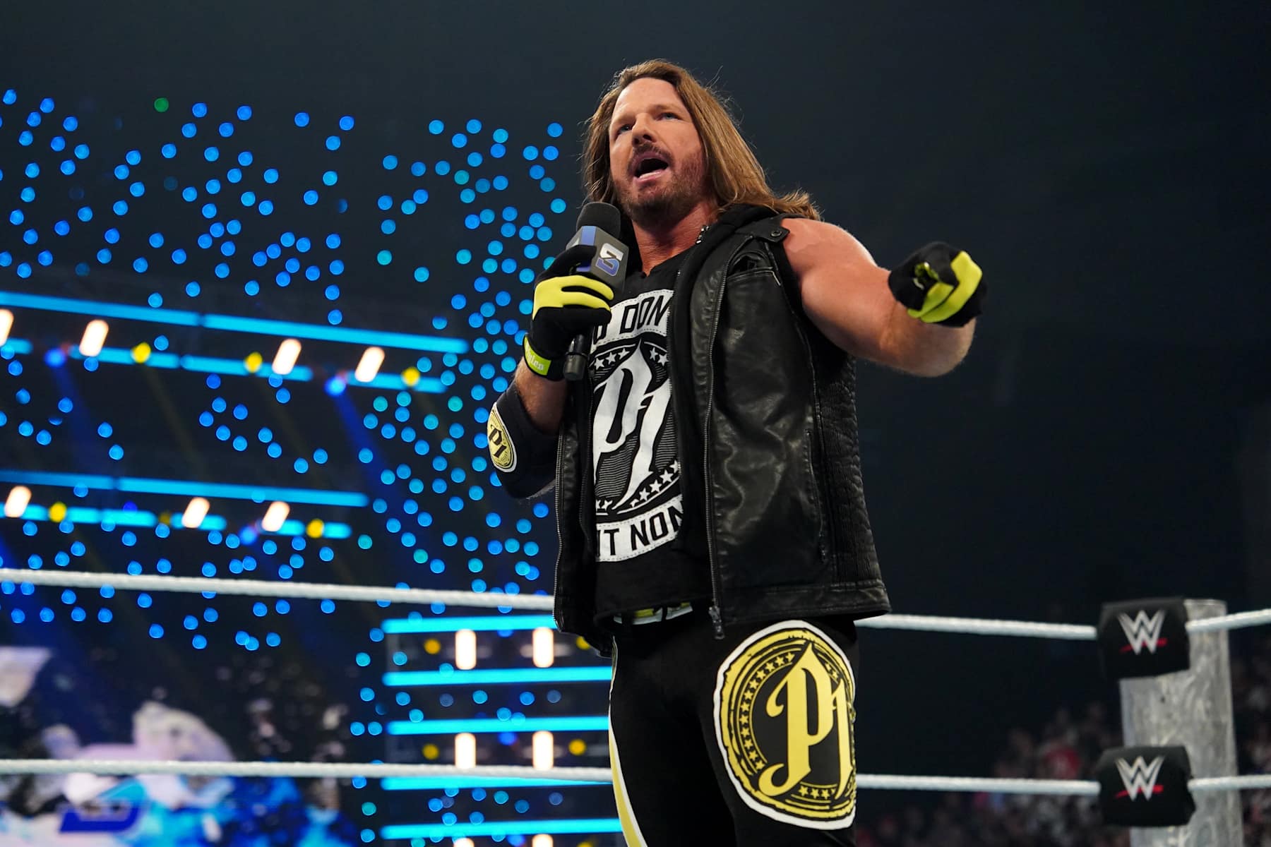 NASHVILLE, TENNESSEE - OCTOBER 4: AJ Styles on the microphone during WWE SmackDown at Bridgestone Arena on October 4, 2024 in Nashville, Tennessee.  (Photo by WWE/Getty Images)