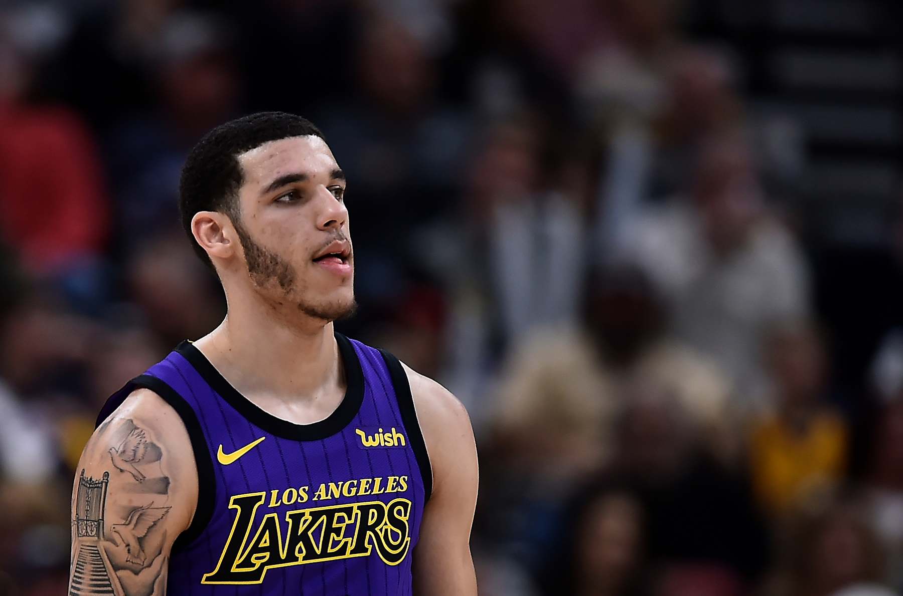 SALT LAKE CITY, UT - JANUARY 11: Lonzo Ball #2 of the Los Angeles Lakers looks on in a NBA game against the Utah Jazz at Vivint Smart Home Arena on January 11, 2019 in Salt Lake City, Utah. NOTE TO USER: User expressly acknowledges and agrees that, by downloading and or using this photograph, User is consenting to the terms and conditions of the Getty Images License Agreement. (Photo by Gene Sweeney Jr./Getty Images)