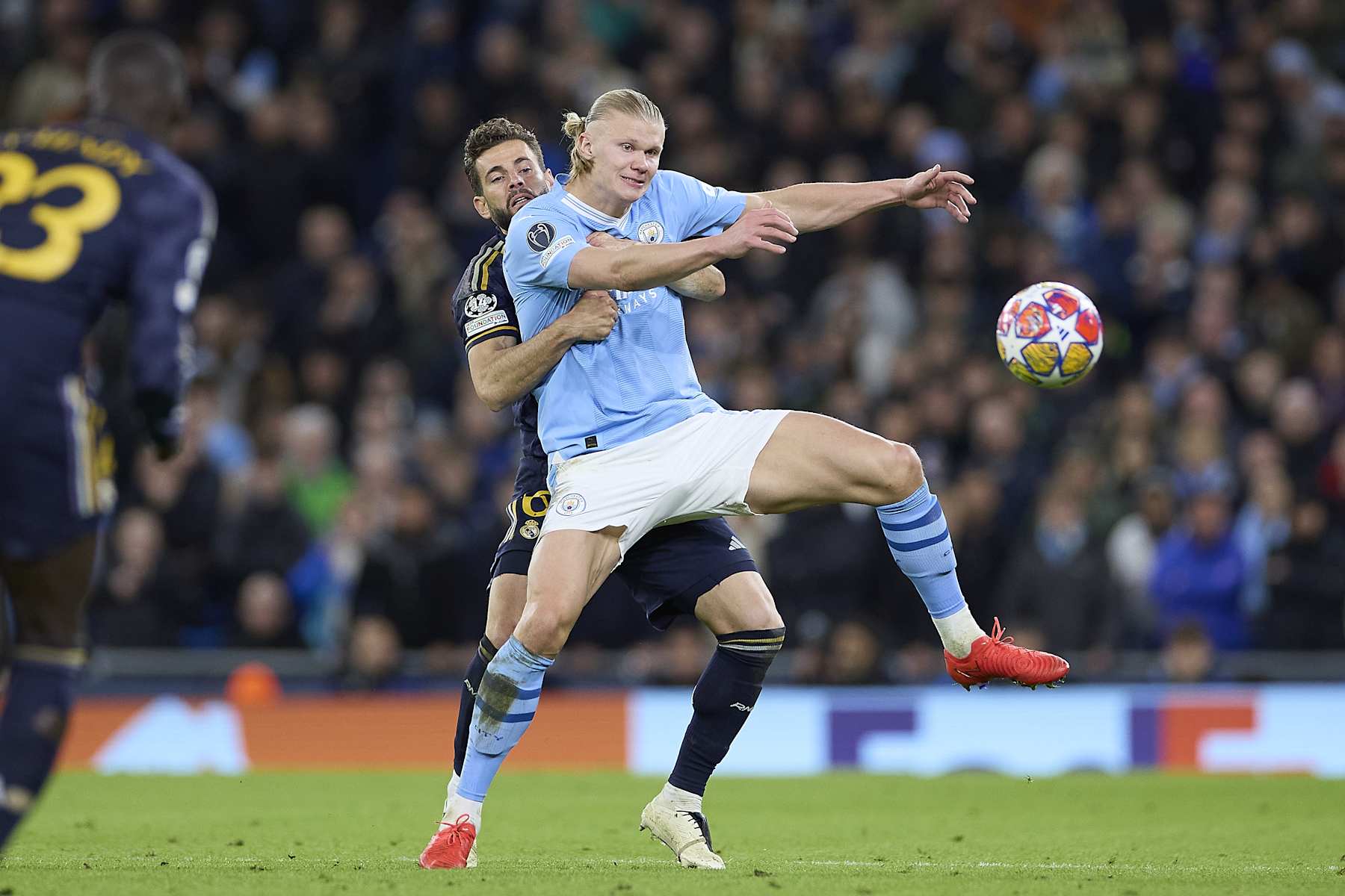 MANCHESTER, UNITED KINGDOM - 2024/04/17: Jose Ignacio Fernandez Iglesias, known as Nacho Fernandez (L) of Real Madrid CF and Erling Haaland (R) of Manchester City during the UEFA Champions League Quarter-Final second leg match between Manchester City and Real Madrid CF at Etihad Stadium in Manchester, United Kingdom on April 17, 2024. (Photo by Federico Titone/Anadolu Agency) (Photo by Federico Titone/Anadolu via Getty Images)
