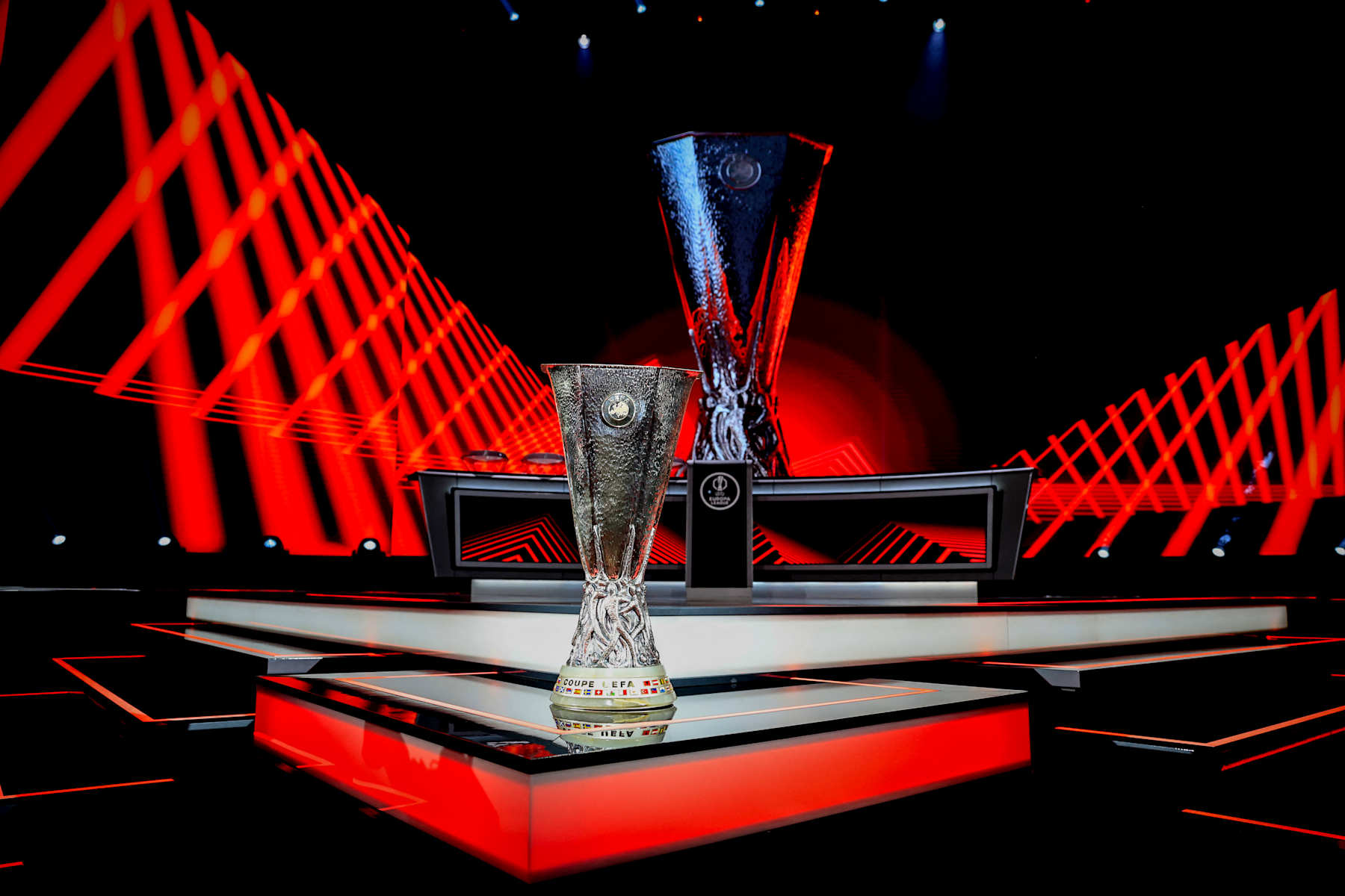 This photograph shows the UEFA Europa League trophy on the stage before the ceremony of the draw for the group stage of the 2024-2025 UEFA Europa League tournament, at the Grimaldi Forum in Monaco on August 30, 2024. (Photo by Valery HACHE / AFP) (Photo by VALERY HACHE/AFP via Getty Images)