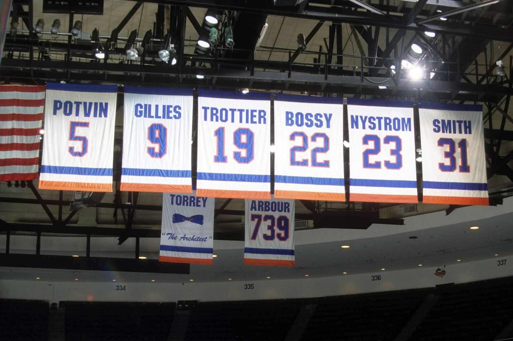 UNIONDALE, NY - 2002:  General view of the retired banners of Denis Potvin #5, Clark Gillies #9, Bryan Trottier #19, Mike Bossy #22, Bob Nystrom #23 and Billy Smith #31 at the home of the New York Islanders circa 2002 at the Nassau Coliseum in Uniondale, New York.  (Photo by B Bennett/Getty Images)