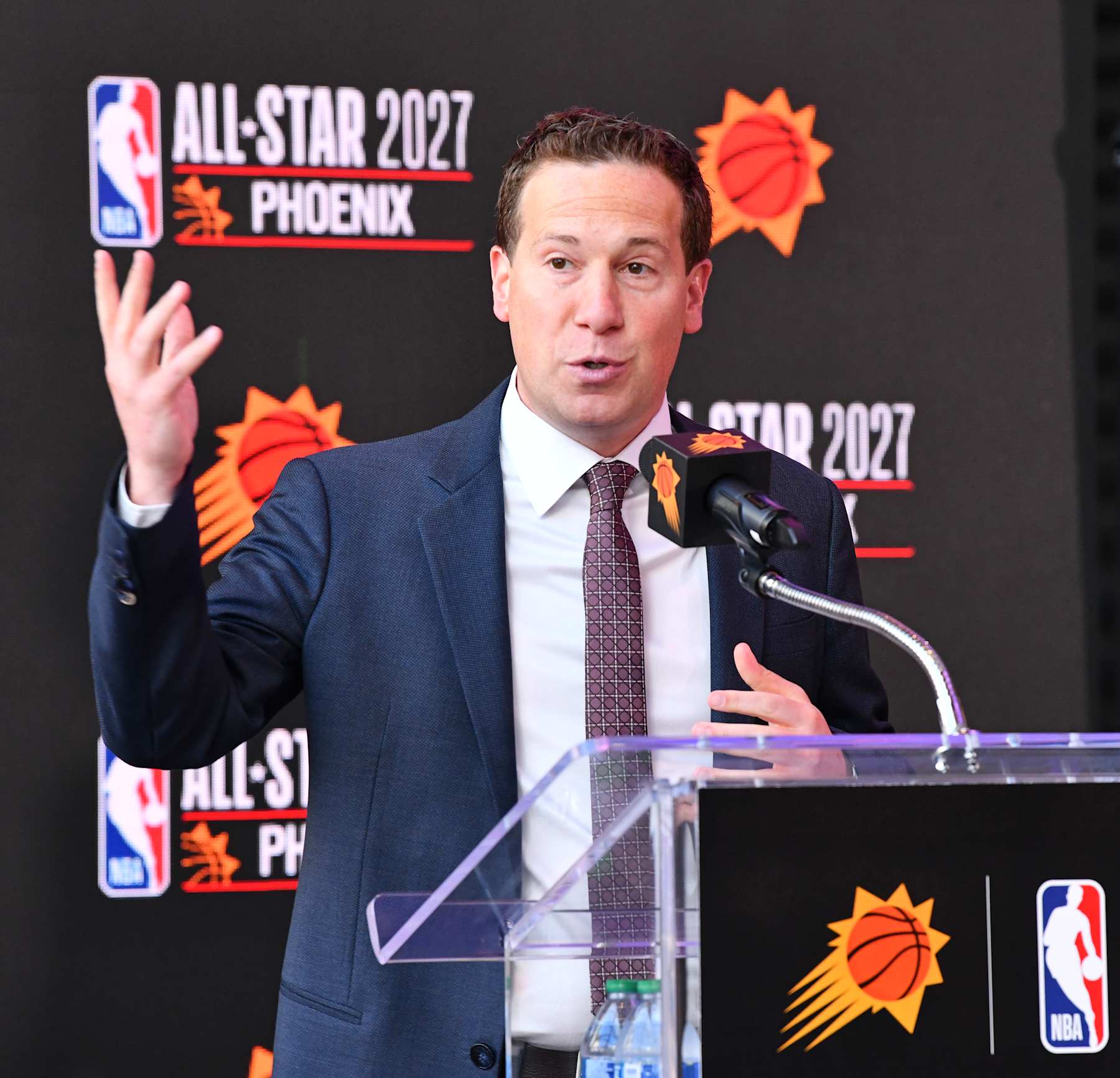 PHOENIX, AZ - MARCH 7: Mat Ishbia speaks during a press conference announcing Phoenix as the host of the NBA All-Star 2027 on March 7, 2024 at Footprint Center in Phoenix, Arizona. NOTE TO USER: User expressly acknowledges and agrees that, by downloading and or using this photograph, user is consenting to the terms and conditions of the Getty Images License Agreement. Mandatory Copyright Notice: Copyright 2024 NBAE (Photo by Barry Gossage/NBAE via Getty Images)