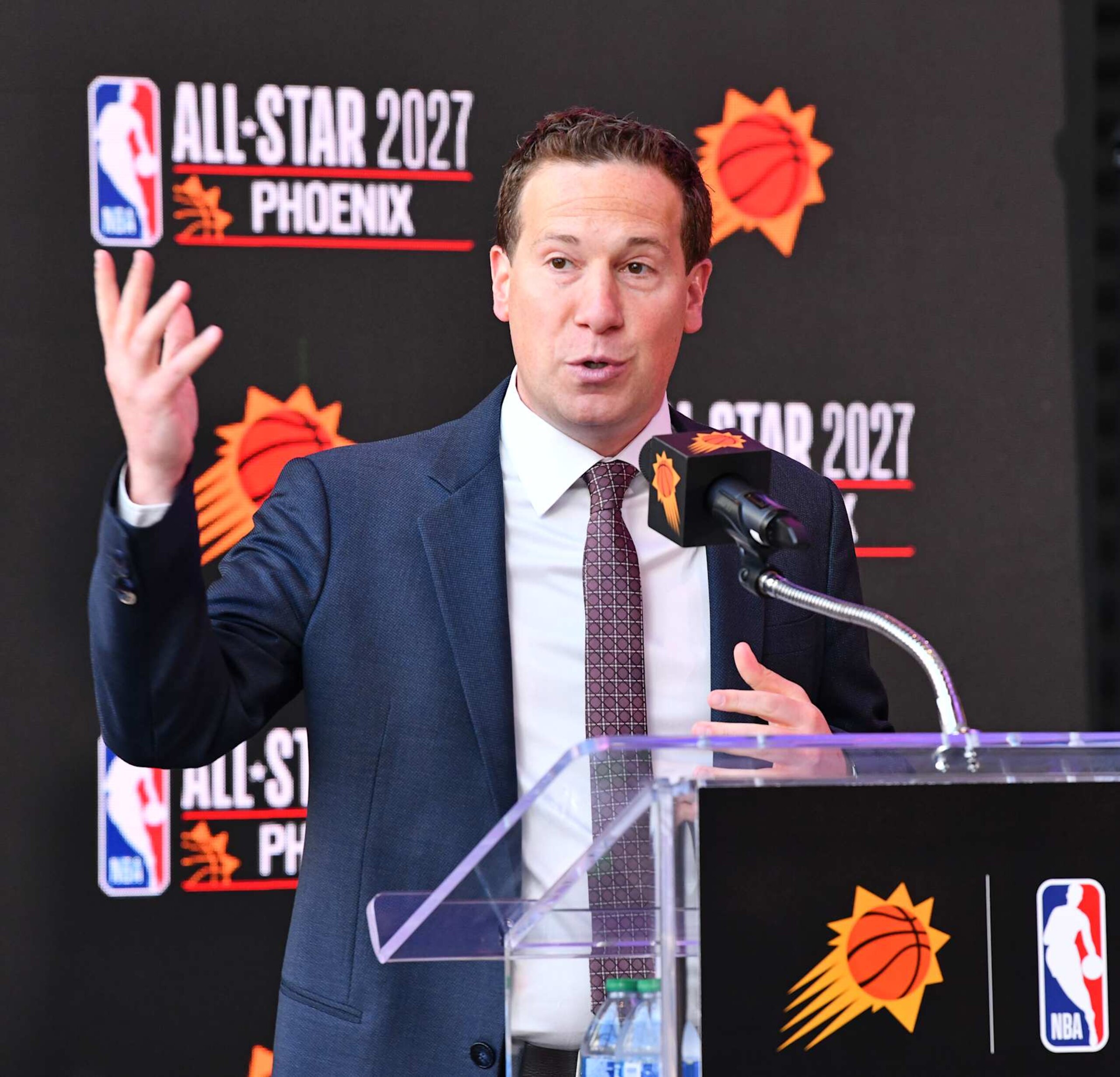 PHOENIX, AZ - MARCH 7: Mat Ishbia speaks during a press conference announcing Phoenix as the host of the NBA All-Star 2027 on March 7, 2024 at Footprint Center in Phoenix, Arizona. NOTE TO USER: User expressly acknowledges and agrees that, by downloading and or using this photograph, user is consenting to the terms and conditions of the Getty Images License Agreement. Mandatory Copyright Notice: Copyright 2024 NBAE (Photo by Barry Gossage/NBAE via Getty Images) PHOENIX, AZ - MARCH 7: Mat Ishbia speaks during a press conference announcing Phoenix as the host of the NBA All-Star 2027 on March 7, 2024 at Footprint Center in Phoenix, Arizona. NOTE TO USER: User expressly acknowledges and agrees that, by downloading and or using this photograph, user is consenting to the terms and conditions of the Getty Images License Agreement. Mandatory Copyright Notice: Copyright 2024 NBAE (Photo by Barry Gossage/NBAE via Getty Images)