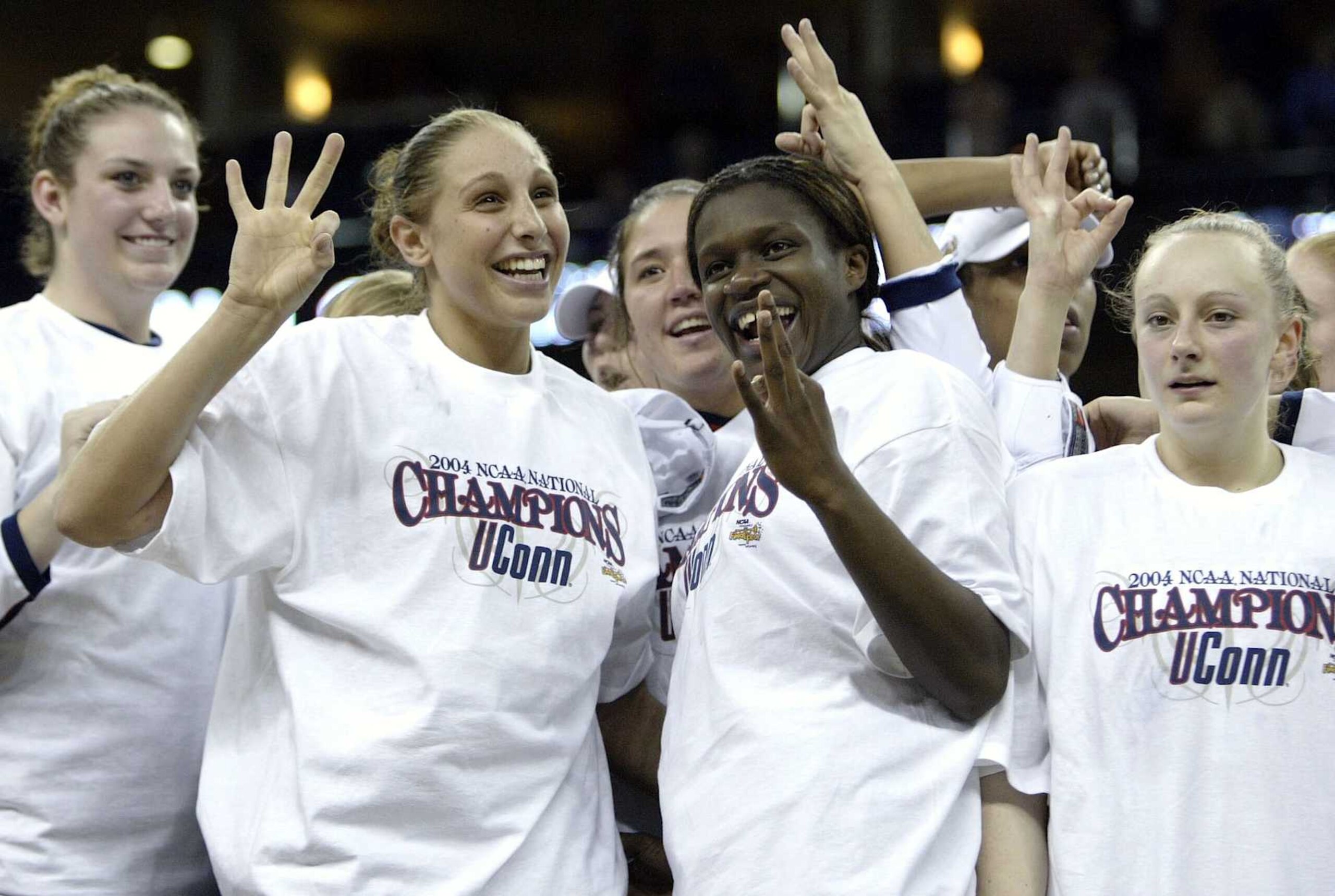 NEW ORLEANS - APRIL 6: Diana Taurasi #3 of the University of Connecticut Huskies and teammate Barbara Turner #33 celebrate after defeating theTennessee Lady Vols 70-61 in the National Championship game of the NCAA Women's Final Four Tournament at the New Orleans Arena on April 6, 2004 in New Orleans, Louisiana. (Photo by Elsa/Getty Images) NEW ORLEANS - APRIL 6: Diana Taurasi #3 of the University of Connecticut Huskies and teammate Barbara Turner #33 celebrate after defeating theTennessee Lady Vols 70-61 in the National Championship game of the NCAA Women's Final Four Tournament at the New Orleans Arena on April 6, 2004 in New Orleans, Louisiana. (Photo by Elsa/Getty Images)