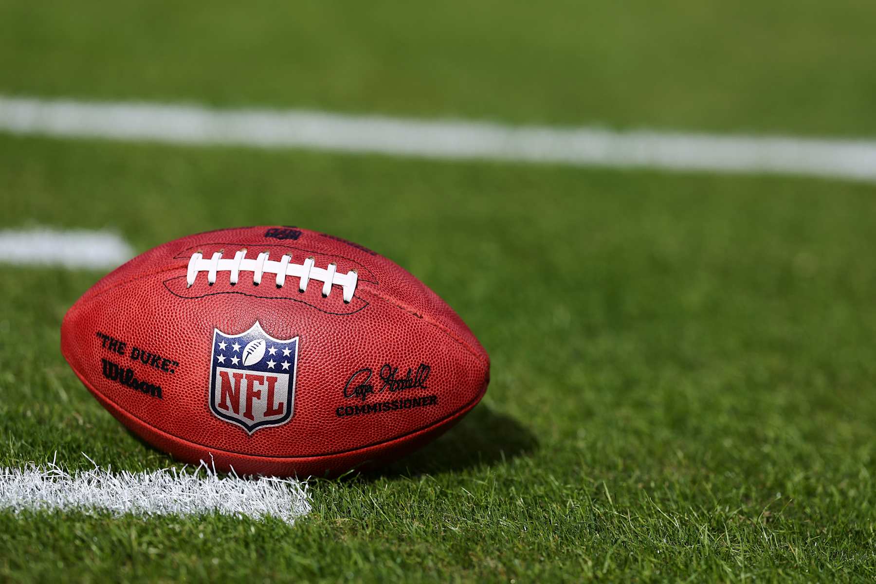 KANSAS CITY, MISSOURI - JANUARY 17: A detail of the NFL Shield logo on a game ball at GEHA Field at Arrowhead Stadium on January 17, 2025 in Kansas City, Missouri. (Photo by Aaron M. Sprecher/Getty Images)
