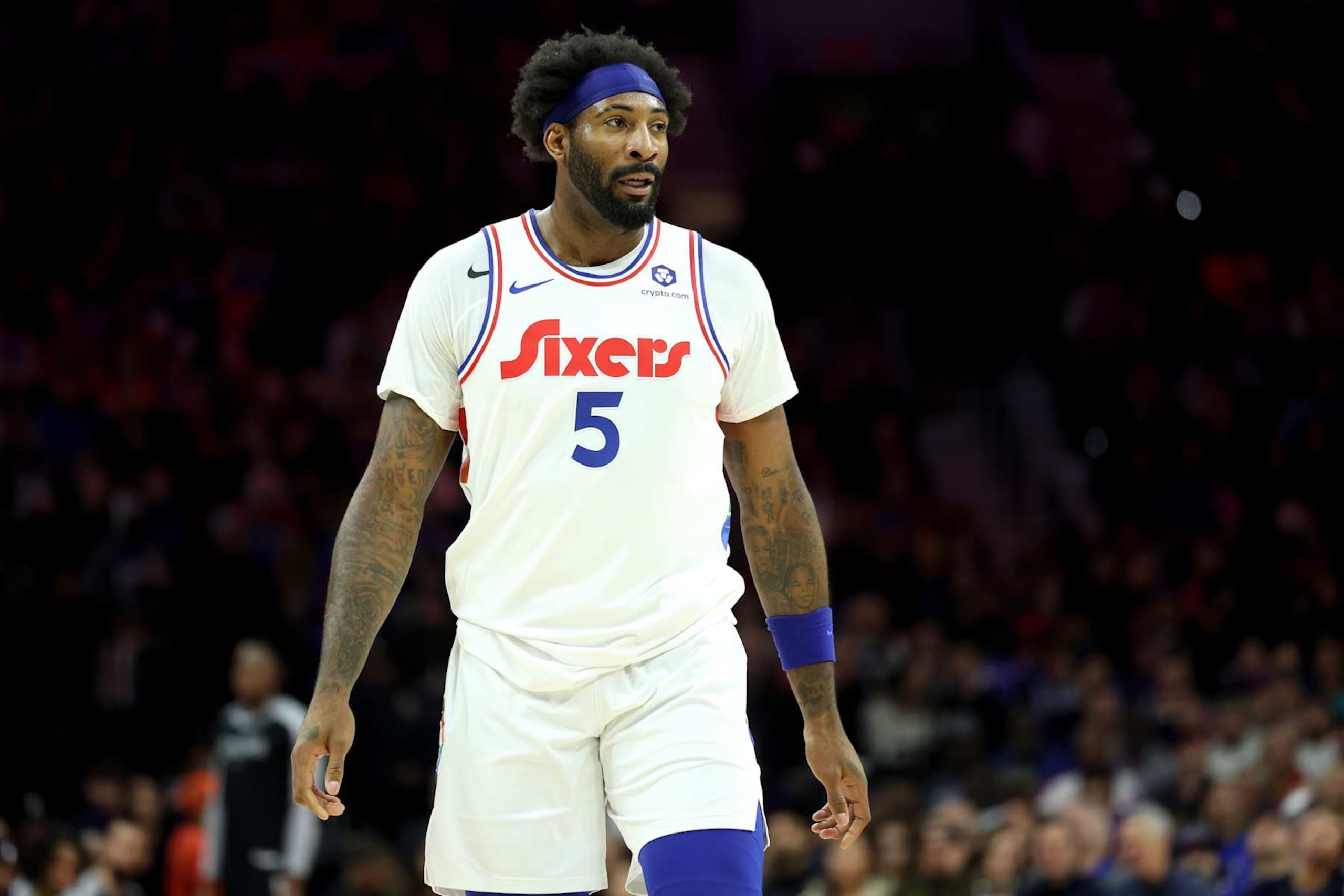 PHILADELPHIA, PENNSYLVANIA - DECEMBER 23: Andre Drummond #5 of the Philadelphia 76ers looks on during a game against the San Antonio Spurs at the Wells Fargo Center on December 23, 2024 in Philadelphia, Pennsylvania. NOTE TO USER: User expressly acknowledges and agrees that, by downloading and or using this photograph, User is consenting to the terms and conditions of the Getty Images License Agreement. (Photo by Emilee Chinn/Getty Images) PHILADELPHIA, PENNSYLVANIA - DECEMBER 23: Andre Drummond #5 of the Philadelphia 76ers looks on during a game against the San Antonio Spurs at the Wells Fargo Center on December 23, 2024 in Philadelphia, Pennsylvania. NOTE TO USER: User expressly acknowledges and agrees that, by downloading and or using this photograph, User is consenting to the terms and conditions of the Getty Images License Agreement. (Photo by Emilee Chinn/Getty Images)