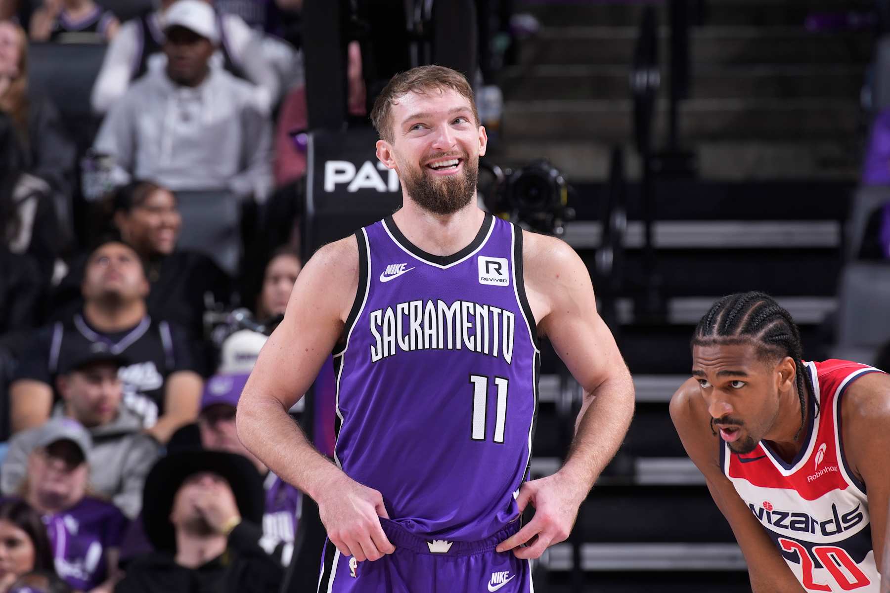 SACRAMENTO, CA - JANUARY 19: Domantas Sabonis #11 of the Sacramento Kings smiles during the game against the Washington Wizards on January 19, 2025 at Golden 1 Center in Sacramento, California. NOTE TO USER: User expressly acknowledges and agrees that, by downloading and or using this photograph, User is consenting to the terms and conditions of the Getty Images Agreement. Mandatory Copyright Notice: Copyright 2025 NBAE (Photo by Rocky Widner/NBAE via Getty Images)